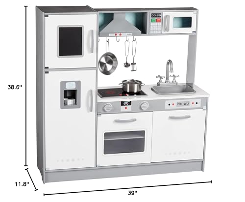 Amazon Basics Kids Kitchen Set, Play Kitchen Toy Playset for Toddlers, Preschoolers, 39"L x 11.8"W x 39"H, White & Gray