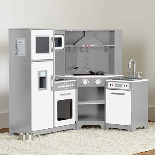 Amazon Basics Kids Kitchen Set, Play Kitchen Toy Playset for Toddlers, Preschoolers, 39"L x 11.8"W x 39"H, White & Gray