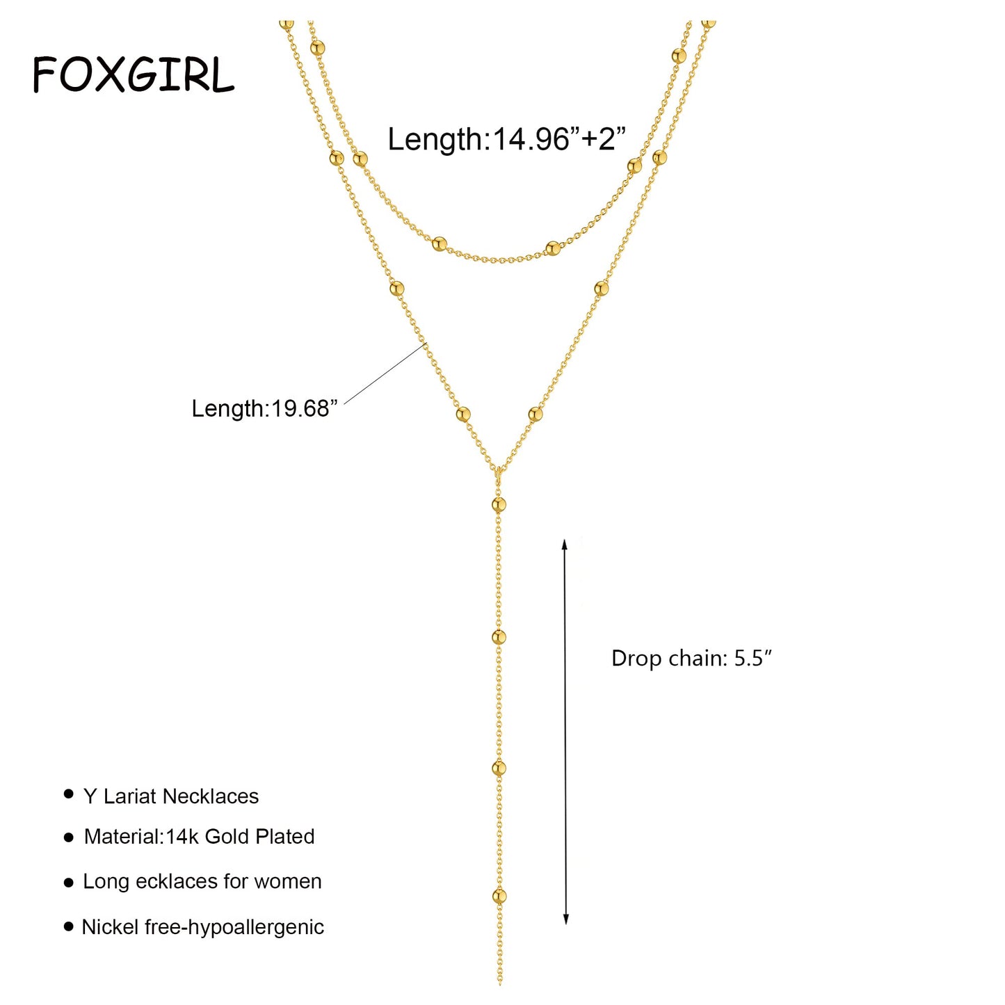 Foxgirl Dainty Long Gold Necklaces for Women, Trendy Lariat Y Necklace 14k Gold Plated Layered Beaded Drop Necklaces Simple Handmade Bar CZ Pendant Y-Shaped Chain Jewelry Gift Wedding