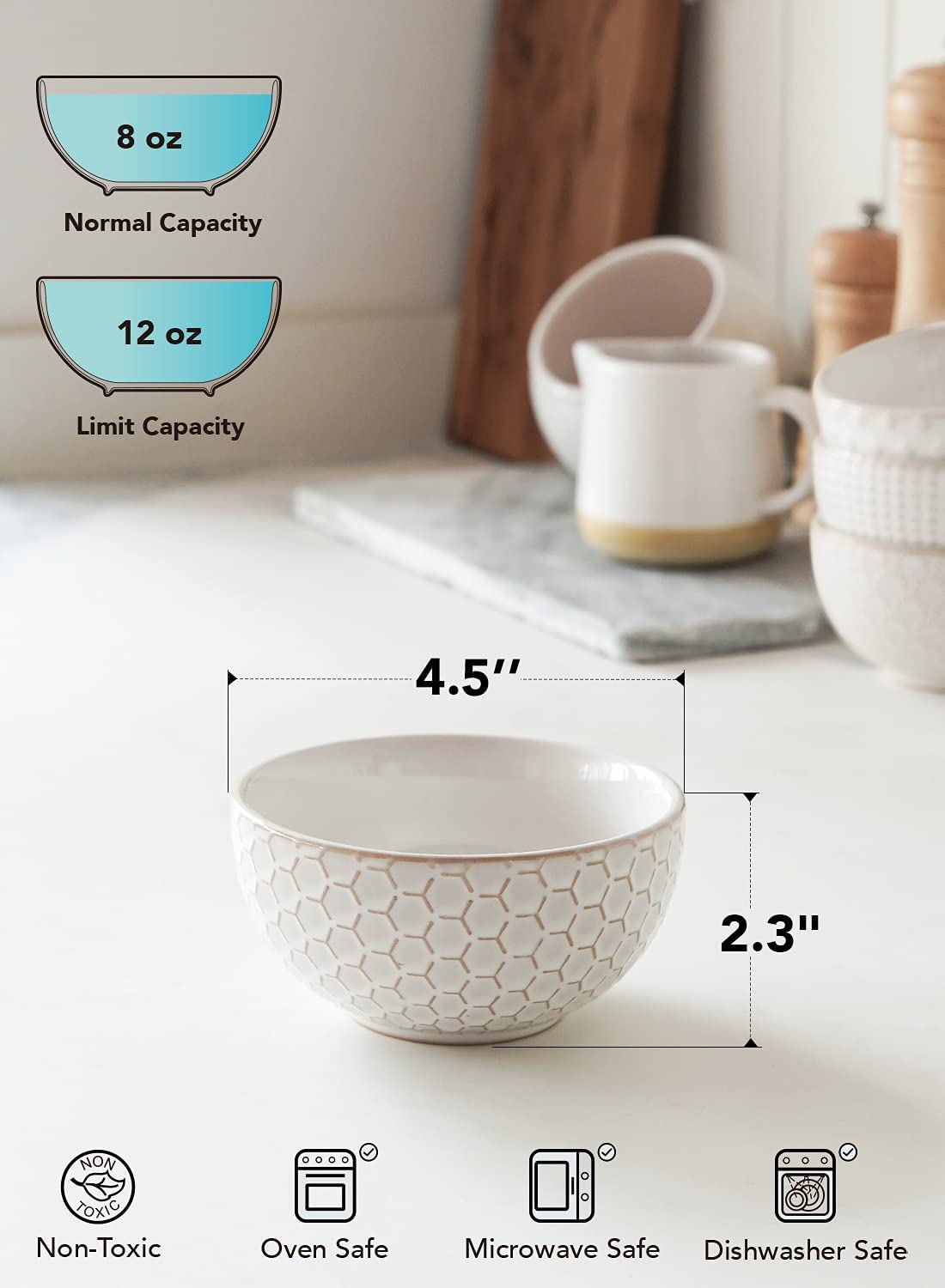 LE TAUCI Large Soup Bowl 42 OZ, Ceramic Kitchen Bowl Set for Soup, Pho, Chip, Pasta, Fruits, Salad, Noodle and Ramen- 7 Inch, Set of 4, Arctic white