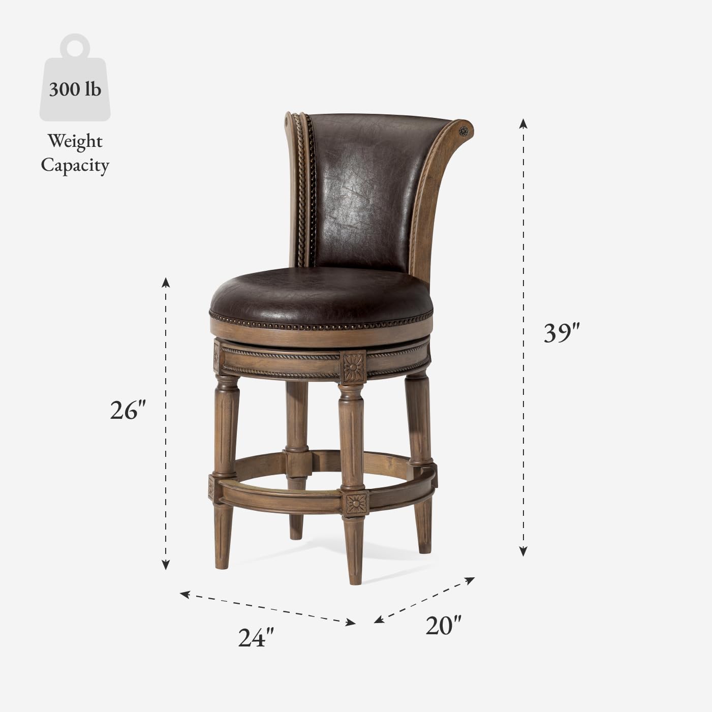 Maven Lane Pullman Counter Stool 26 Inches – Set of 3 – Swivel Stools with Footrest – Brown Solid Wood Frame & Beige Faux Leather Upholstery – Perfect for Kitchen Islands & Counters