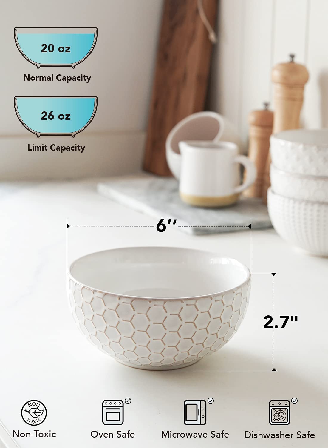 LE TAUCI Large Soup Bowl 42 OZ, Ceramic Kitchen Bowl Set for Soup, Pho, Chip, Pasta, Fruits, Salad, Noodle and Ramen- 7 Inch, Set of 4, Arctic white