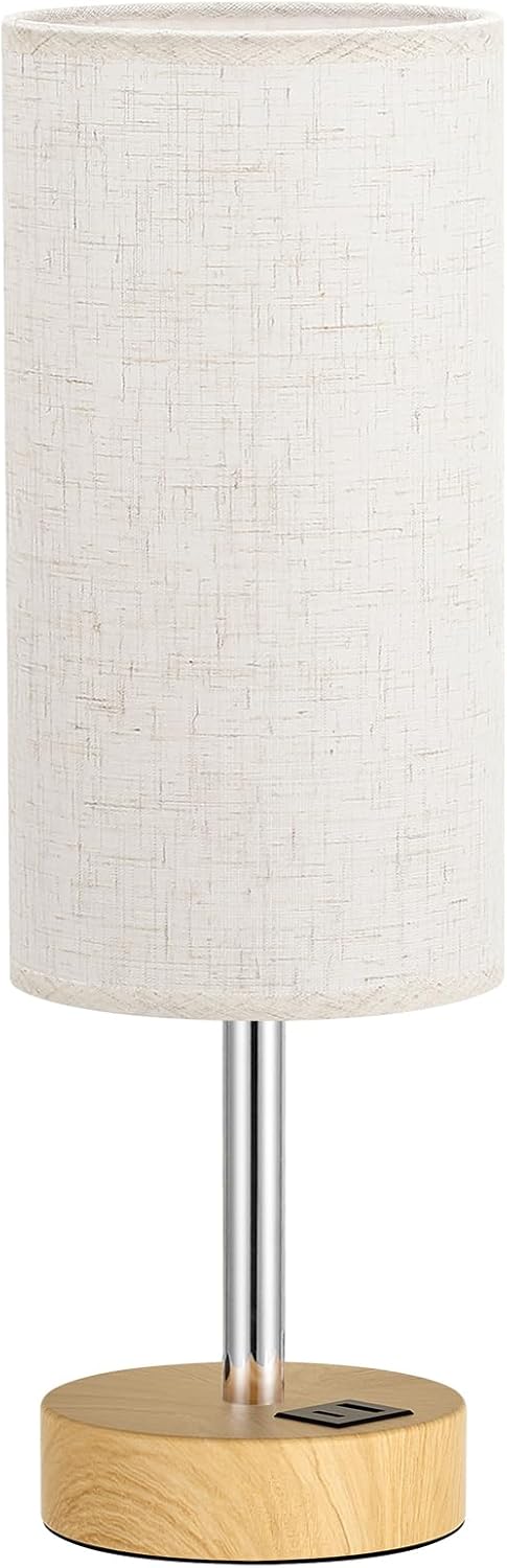 Touch Bedside Table Lamp with USB - 3 Way Dimmable Wood Lamp for Bedroom Nightstand, Desk Lamp with Charging Station for Dorm, Living Room, Office, Kids Room, Small, 14in