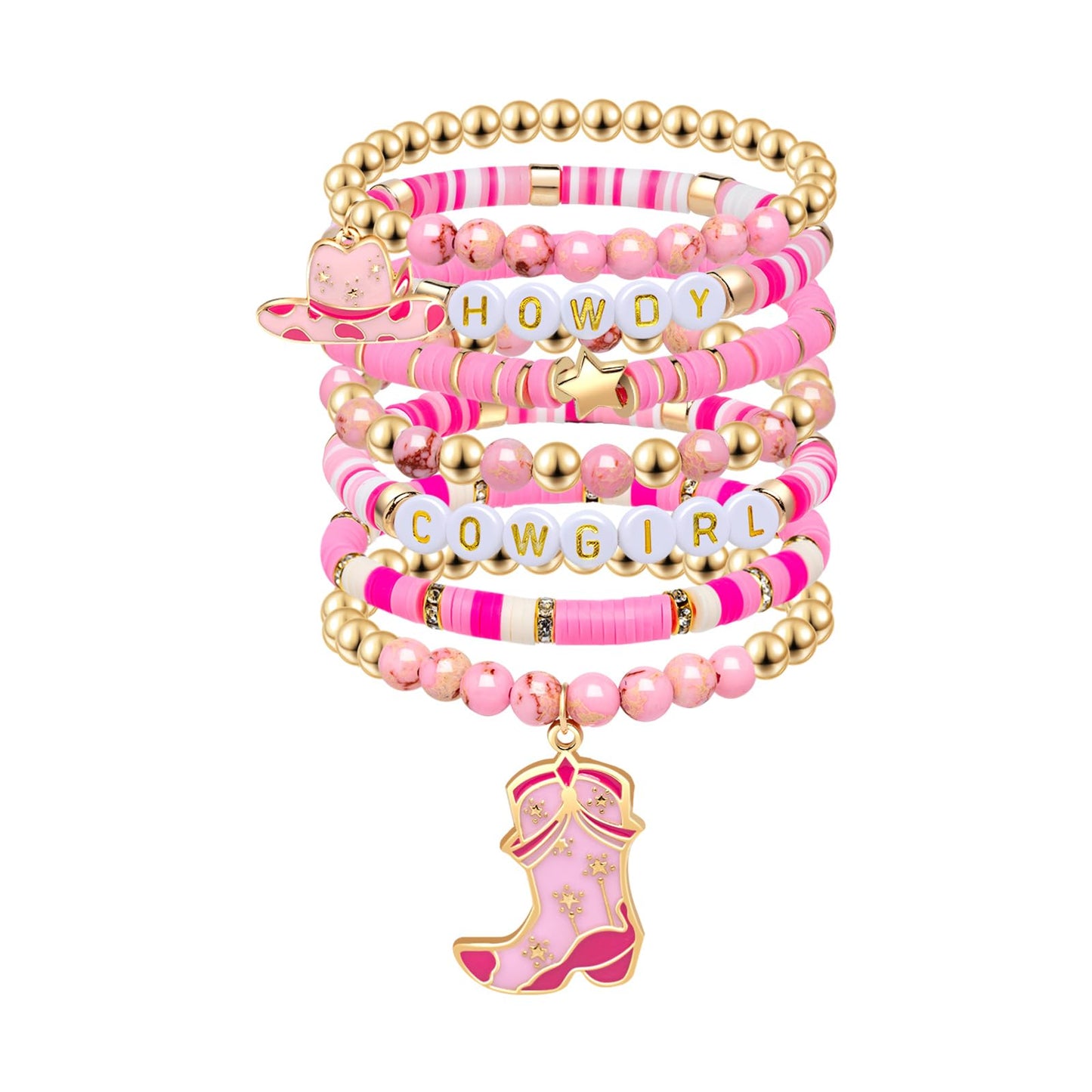 Artlunar Western Cowgirl Beaded Stretch Bracelets, Stackable cowgirl hat boot accessories, Bohemian Jewelry for Women Girls Teens Christmas Birthday Gift Pink