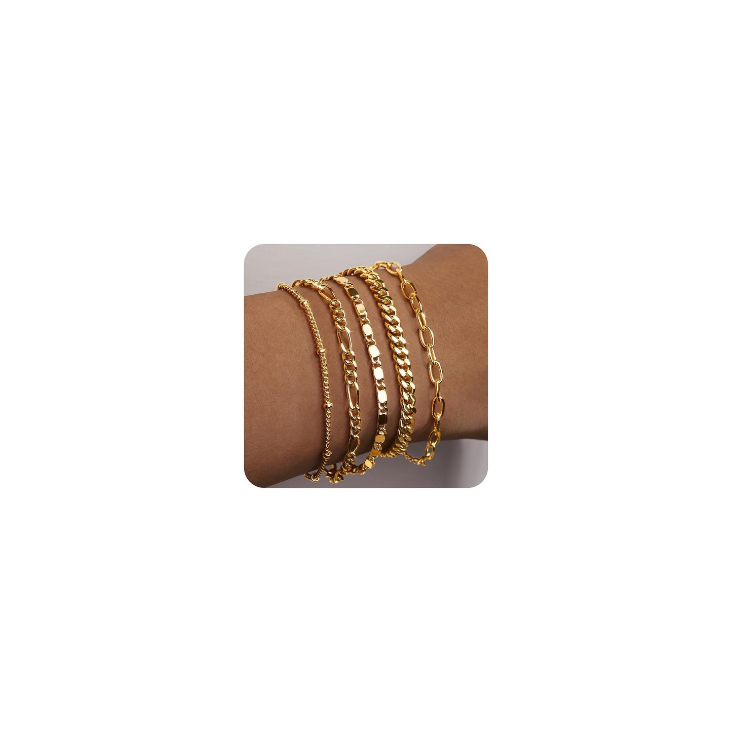 Gokeey Gold Bracelets for Women Trendy 14K Real Gold Jewelry Sets Stack Dainty Stackable Paperclip Cuban Figaro Chain Bracelets Pack Layered Link Chain Bracelet for Women Cute 5pcs Adjustable
