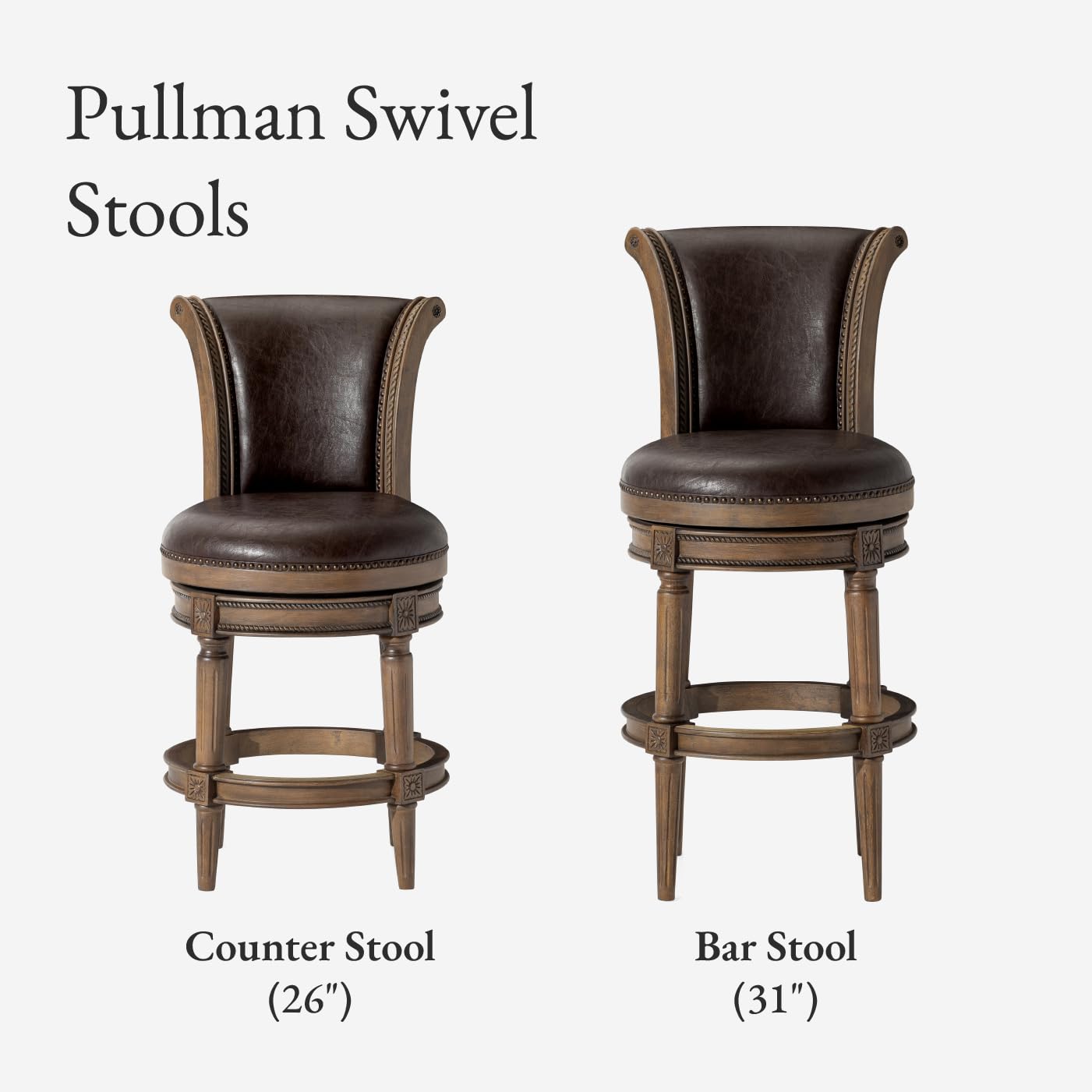 Maven Lane Pullman Counter Stool 26 Inches – Set of 3 – Swivel Stools with Footrest – Brown Solid Wood Frame & Beige Faux Leather Upholstery – Perfect for Kitchen Islands & Counters