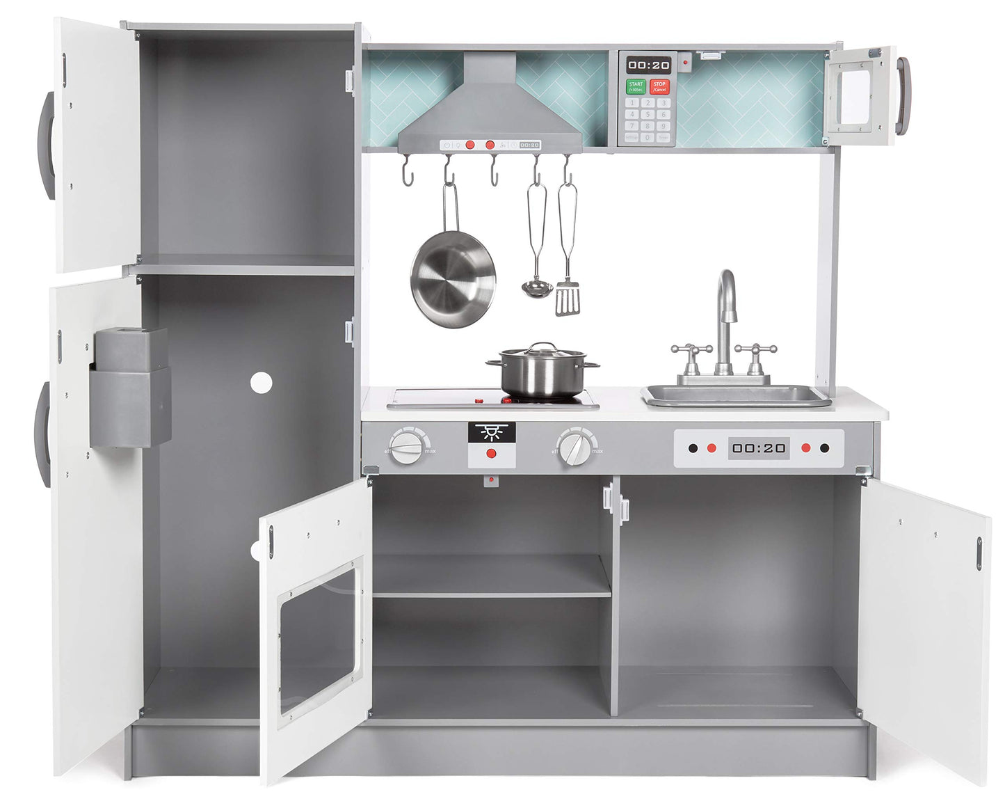 Amazon Basics Kids Kitchen Set, Play Kitchen Toy Playset for Toddlers, Preschoolers, 39"L x 11.8"W x 39"H, White & Gray