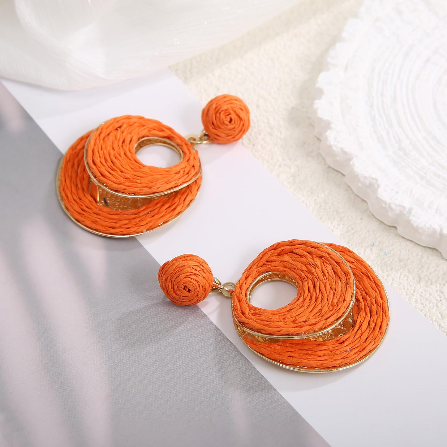 RUOFFETA Handmade Raffia Hoop Earrings for Women - Lightweight Boho Dangle Jewelry, Summer Beach Vacation Accessories, Round Oval Straw Wrap Design(Orange Round)