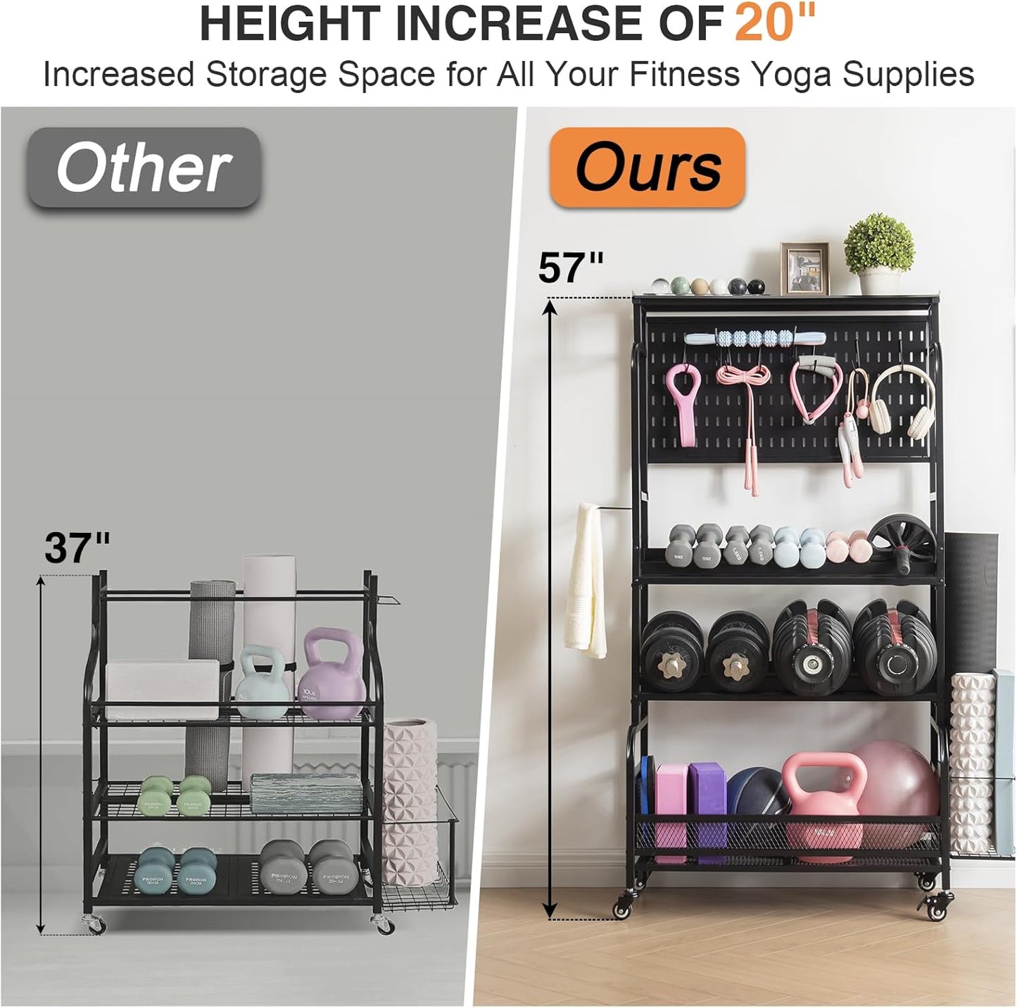 56'' Taller Home Gym Storage Organizer, Yoga Mat Storage Rack with Hanging Board, Exercise Workout Equipment Storage Stand for Home Gym, Dumbbell Holder Kettlebell Rack with Wheels and Hooks