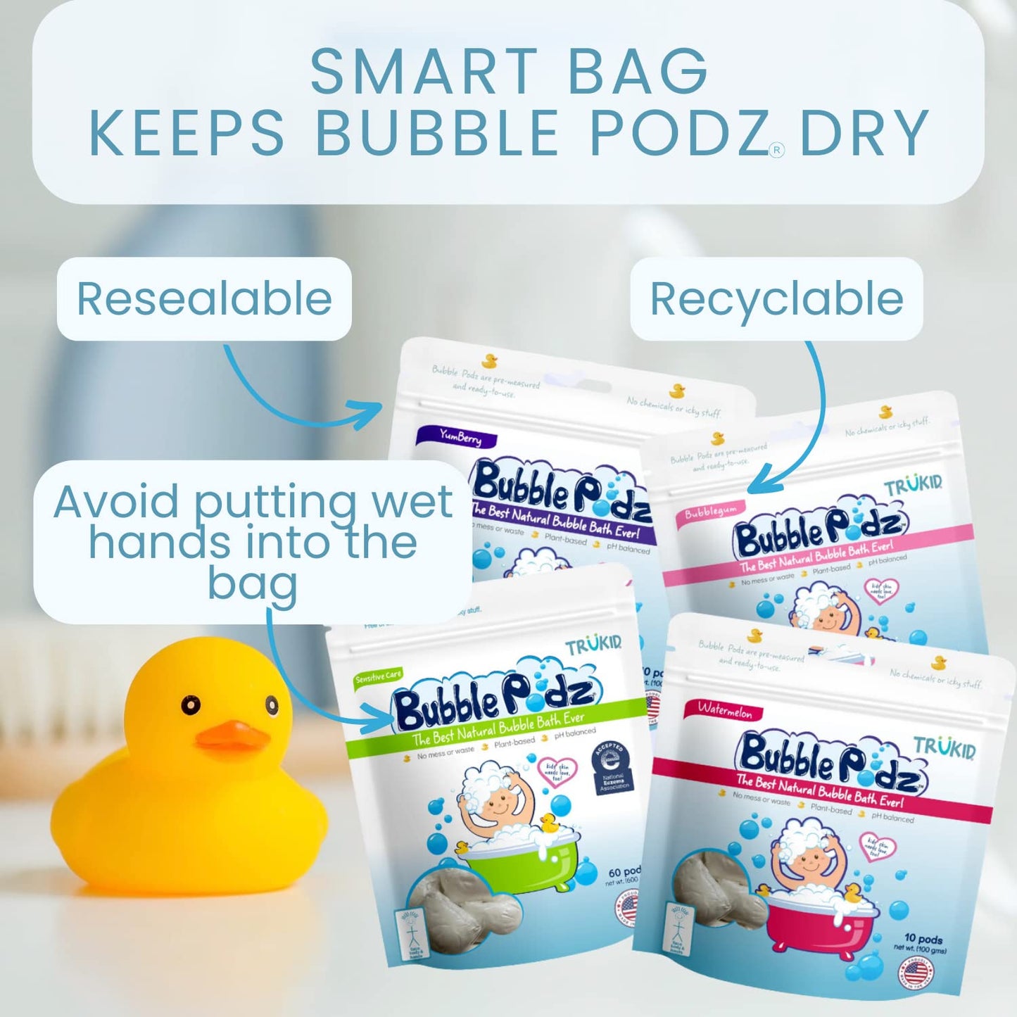 TruKid Bubble Podz Bubble Bath for Kids, Toddlers, & Babies, NEA-Accepted for Eczema, Gentle Refreshing Colloidal Oatmeal Bath Bomb for Sensitive Skin, pH Balanced, Tear Free, Unscented (10 Podz)