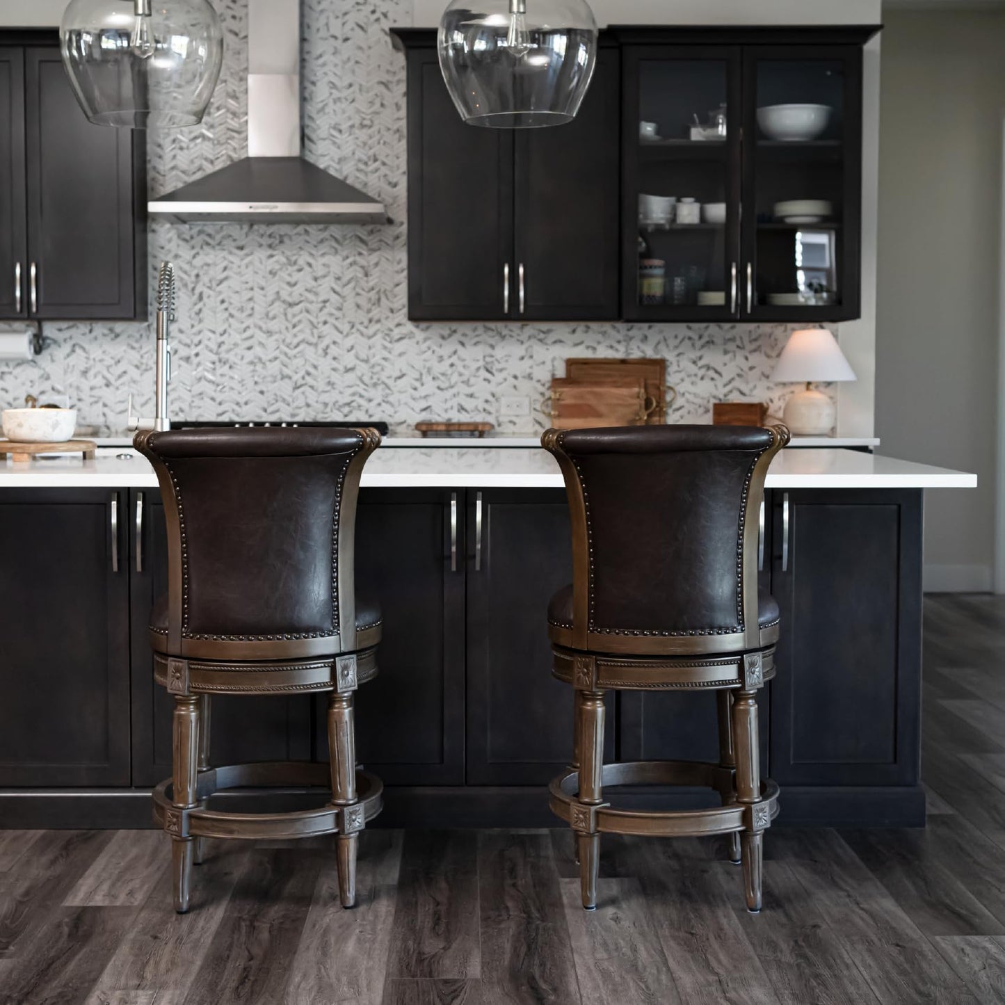 Maven Lane Pullman Counter Stool 26 Inches – Set of 3 – Swivel Stools with Footrest – Brown Solid Wood Frame & Beige Faux Leather Upholstery – Perfect for Kitchen Islands & Counters