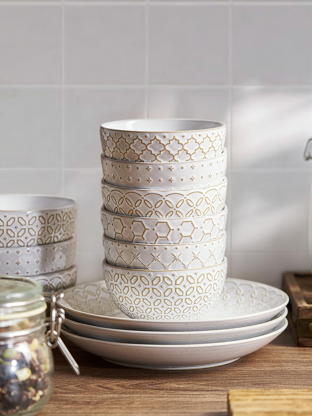 DOWAN Soup Bowls Set of 6, 22 OZ Cereal Bowls for Kitchen, 6" Ceramic Embossment Bowl for Salad, Pho, Fruits, Rice, Large Bowls Decor & Housewarming Gift, Dishwasher & Microwave Safe