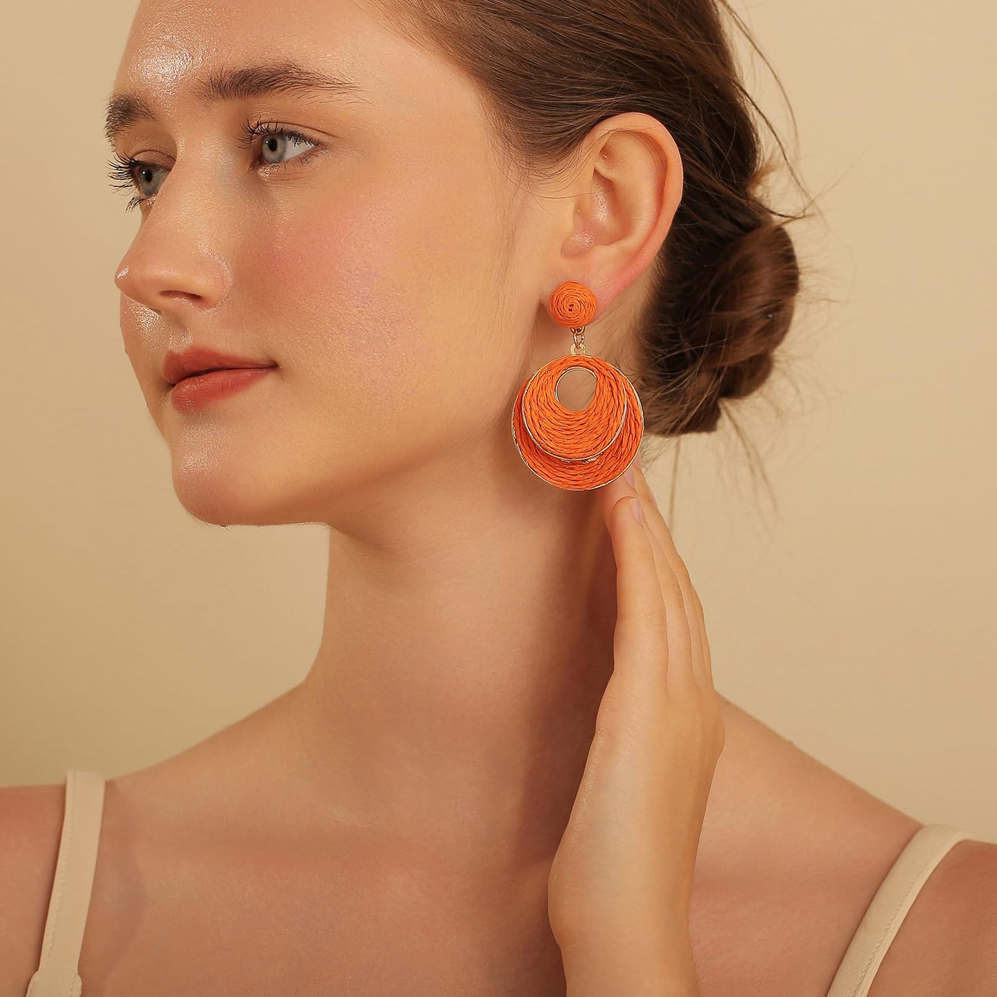 RUOFFETA Handmade Raffia Hoop Earrings for Women - Lightweight Boho Dangle Jewelry, Summer Beach Vacation Accessories, Round Oval Straw Wrap Design(Orange Round)