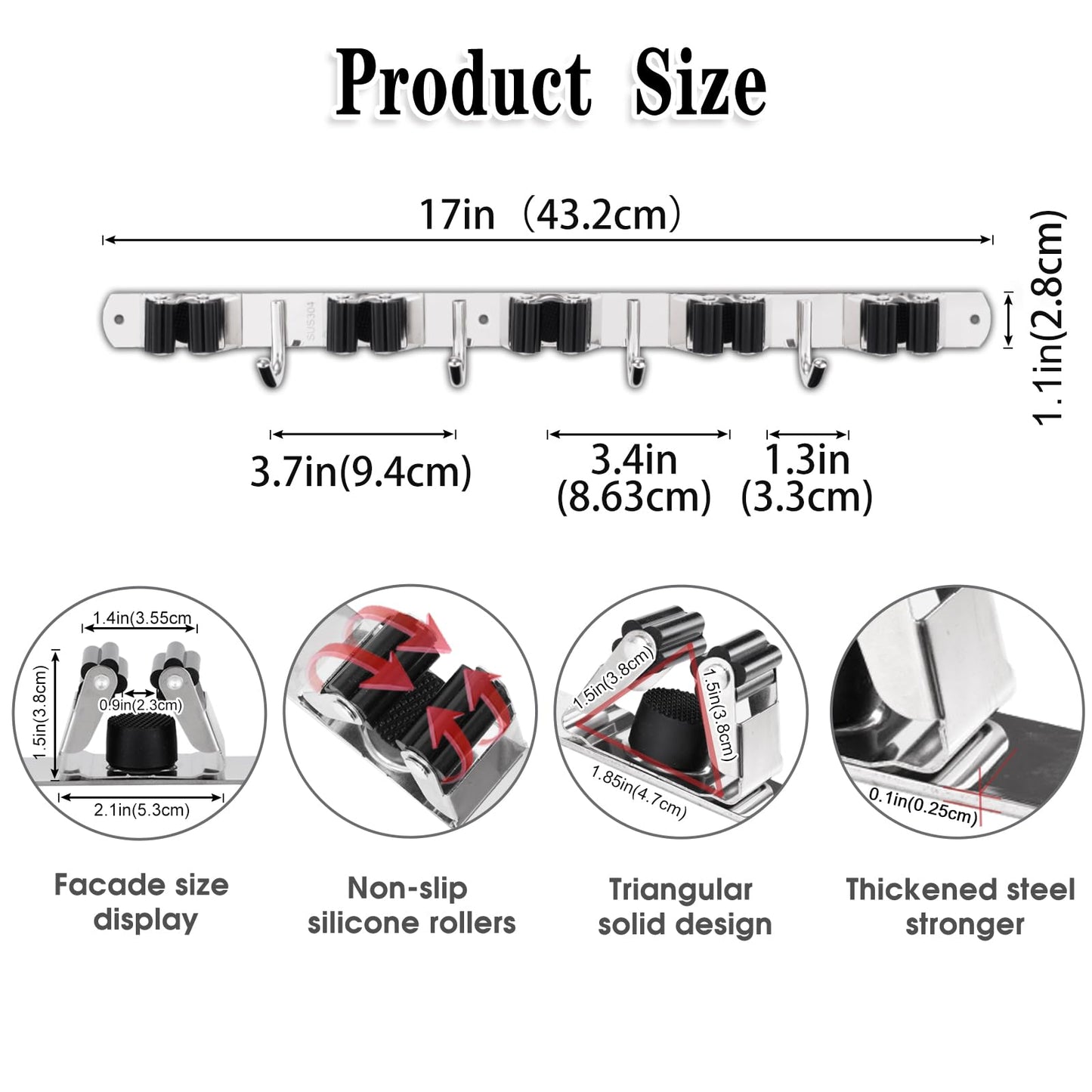AceMining 5 Racks and 4 Hooks Mop and Broom Holder Wall Mount, Broom Organizer Storage Tool Racks Stainless Steel Heavy Duty Hooks Self Adhesive Solid Non-slip for Home Kitchen Garden Laundry Garage