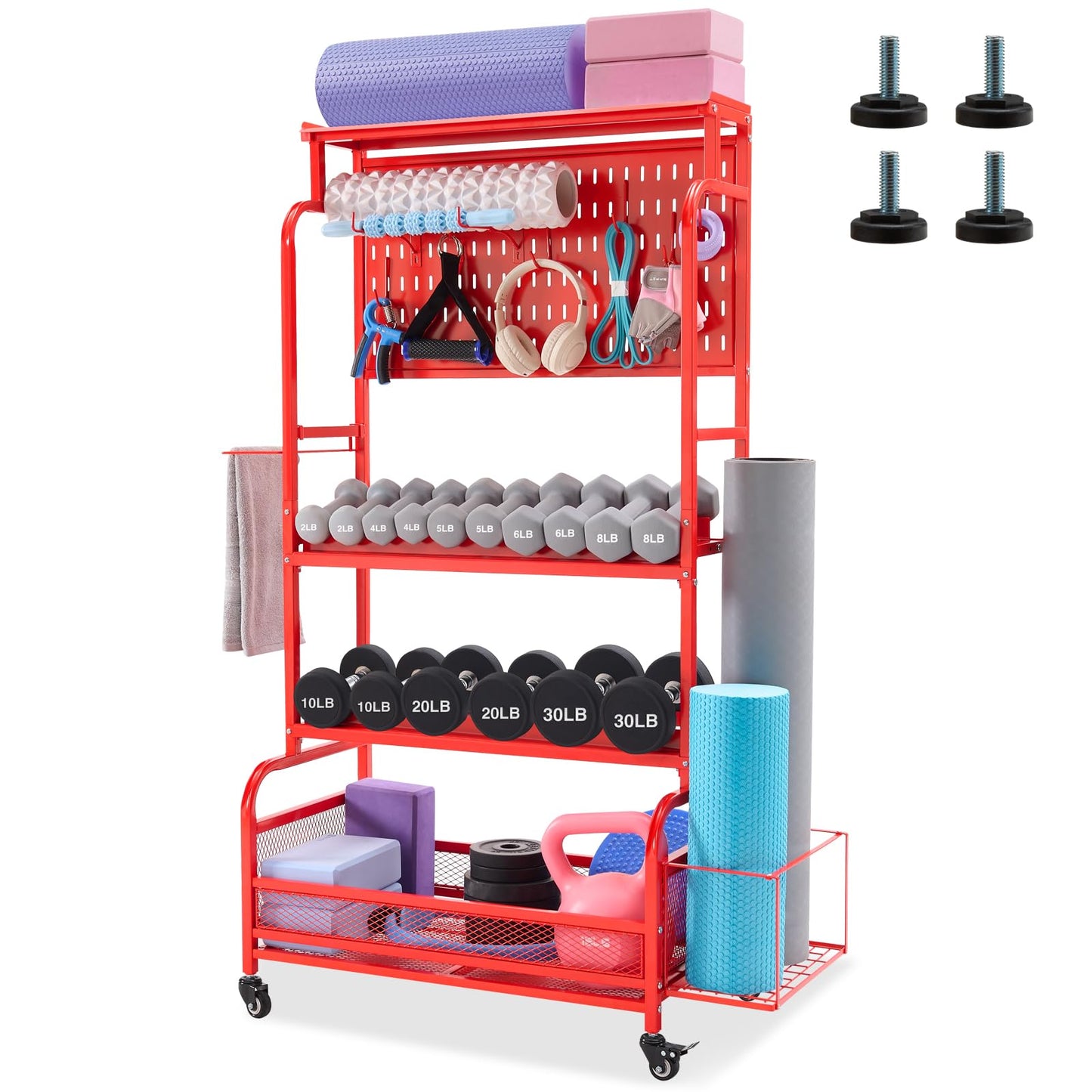 56'' Taller Home Gym Storage Organizer, Yoga Mat Storage Rack with Hanging Board, Exercise Workout Equipment Storage Stand for Home Gym, Dumbbell Holder Kettlebell Rack with Wheels and Hooks