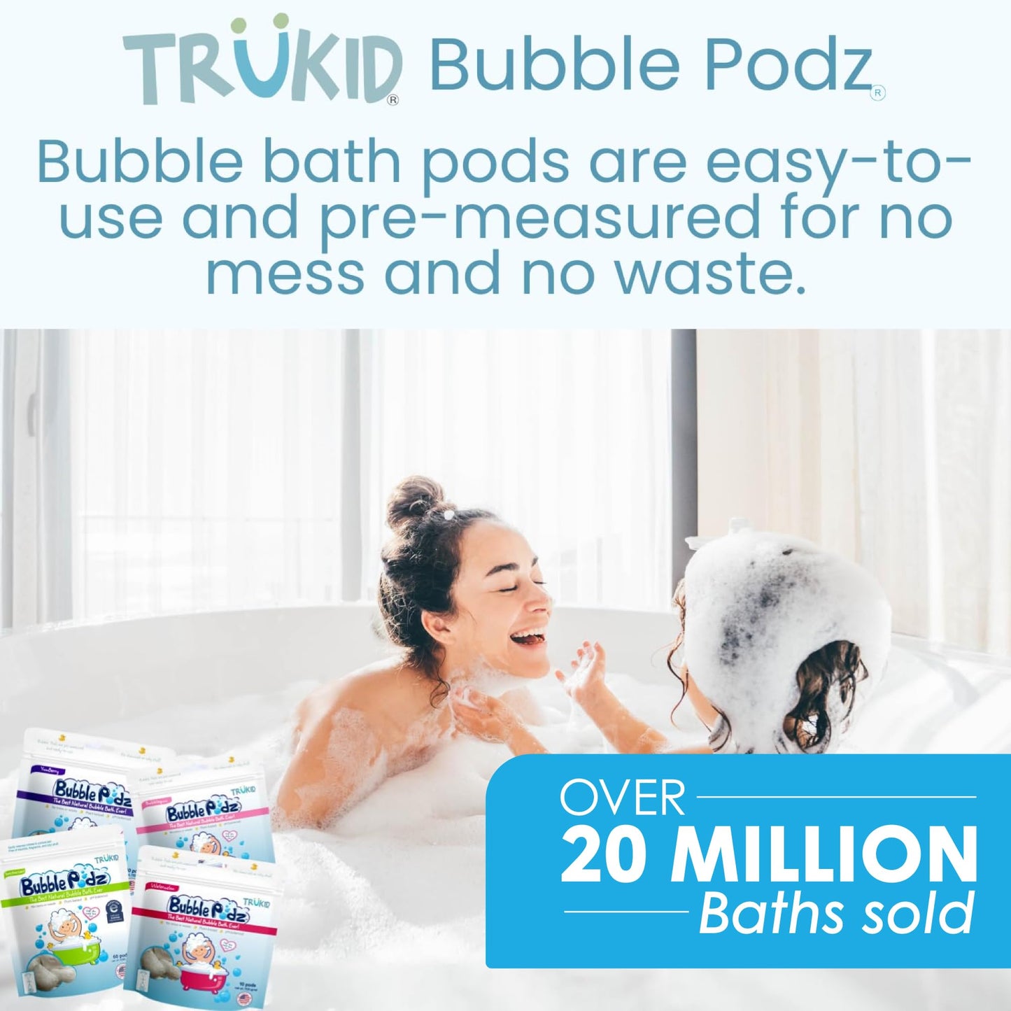 TruKid Bubble Podz Bubble Bath for Kids, Toddlers, & Babies, NEA-Accepted for Eczema, Gentle Refreshing Colloidal Oatmeal Bath Bomb for Sensitive Skin, pH Balanced, Tear Free, Unscented (10 Podz)