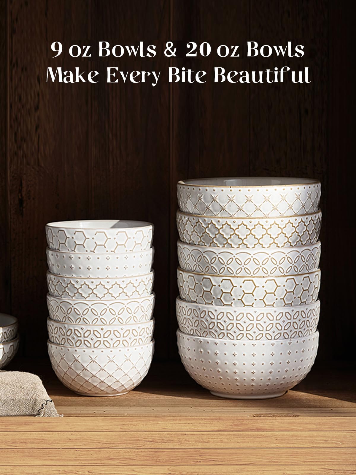 DOWAN Soup Bowls Set of 6, 22 OZ Cereal Bowls for Kitchen, 6" Ceramic Embossment Bowl for Salad, Pho, Fruits, Rice, Large Bowls Decor & Housewarming Gift, Dishwasher & Microwave Safe