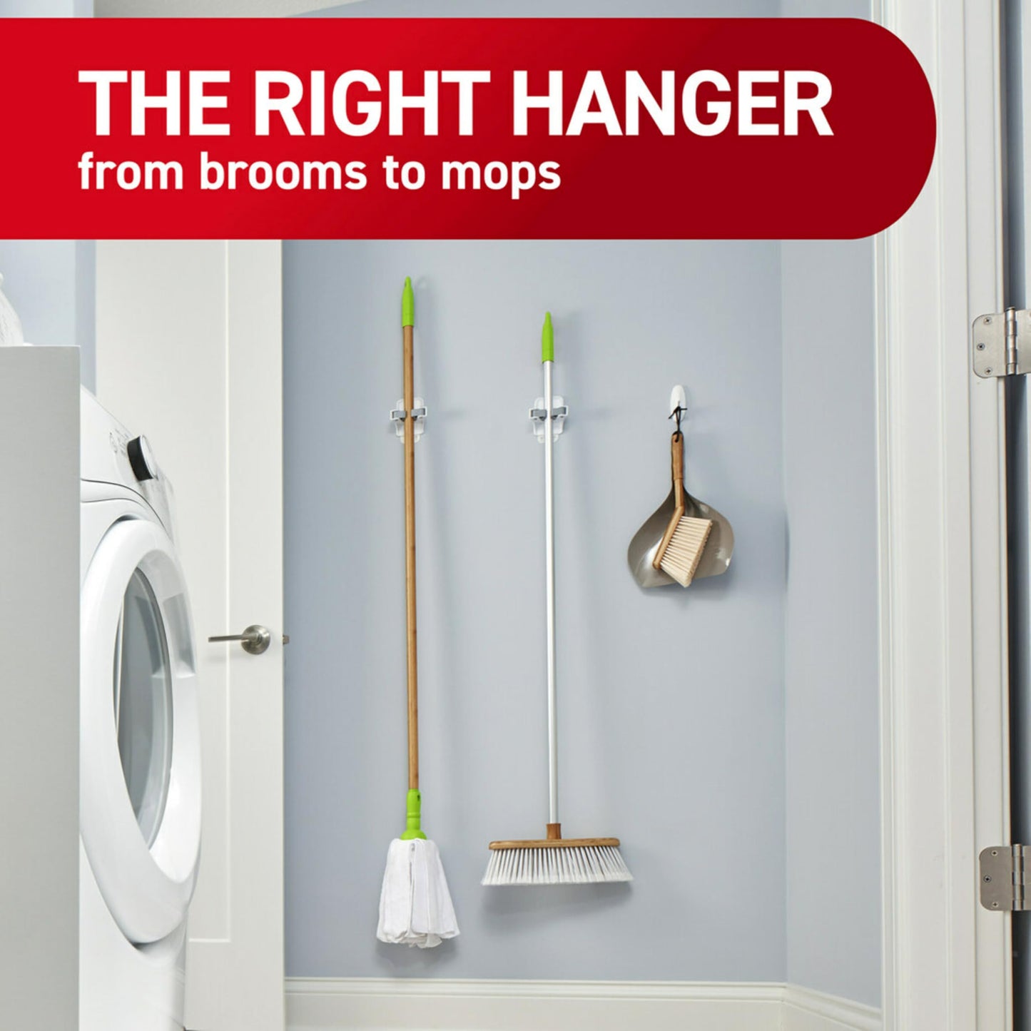Command Broom and Mop Grippers, 2 Hangers and 4 Command Strips, Damage-Free Hanging Wall Mount Broom and Mop Holder, Household Cleaning Organizer for Organization and Storage, Holds up to 4 lb