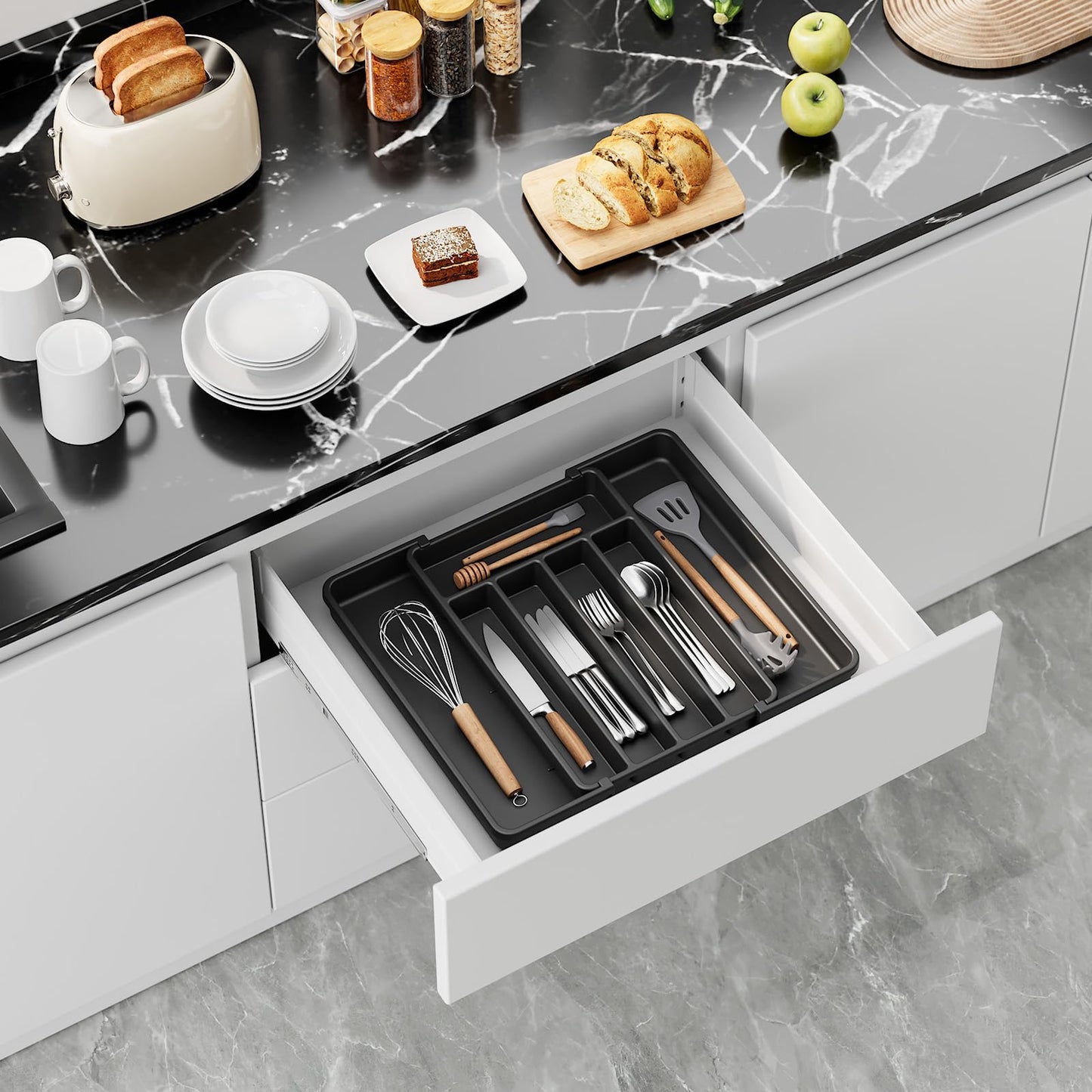 Aujen Silverware Organizer - Expandable Kitchen Drawer Organizer, Adjustable Utensil Organizer, Cutlery Tray for Forks, Knives, Multipurpose Kitchen Organizers and Storage Solution, Black, Medium