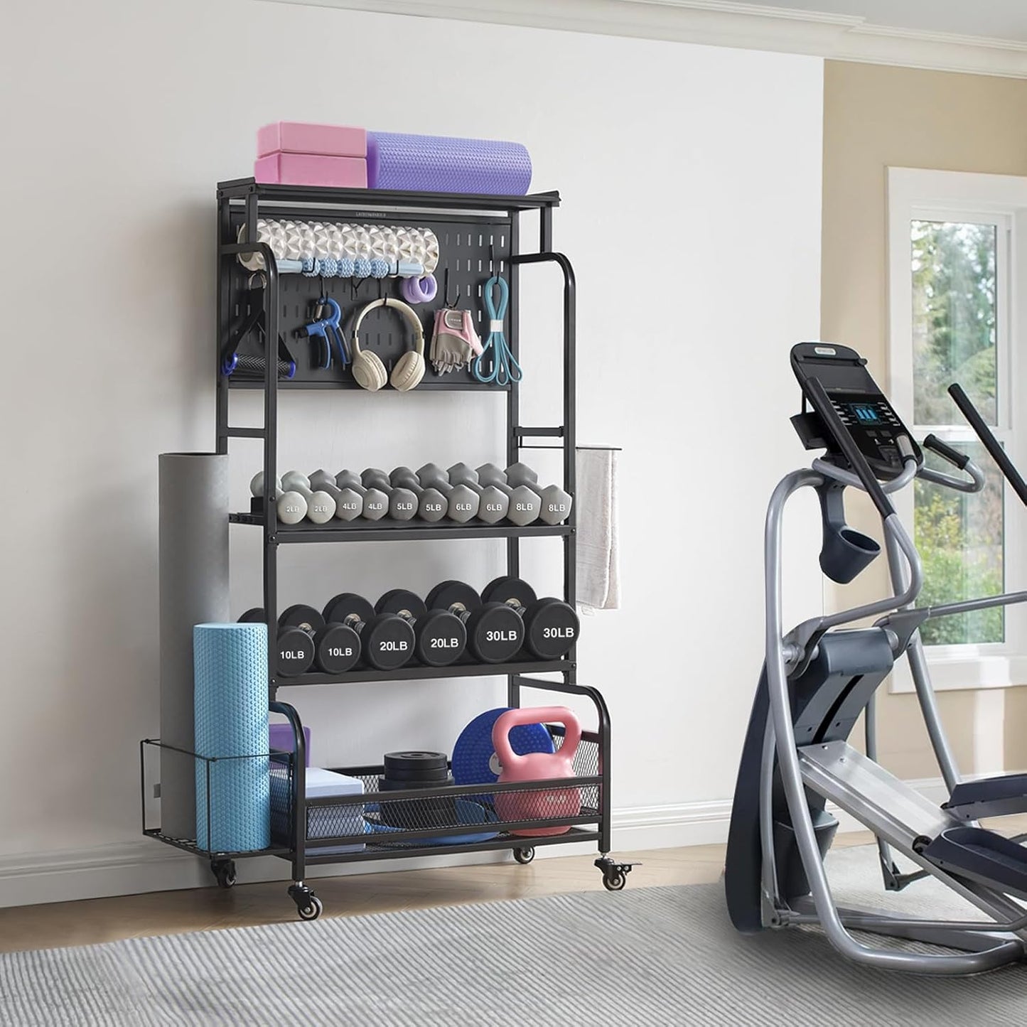 56'' Taller Home Gym Storage Organizer, Yoga Mat Storage Rack with Hanging Board, Exercise Workout Equipment Storage Stand for Home Gym, Dumbbell Holder Kettlebell Rack with Wheels and Hooks