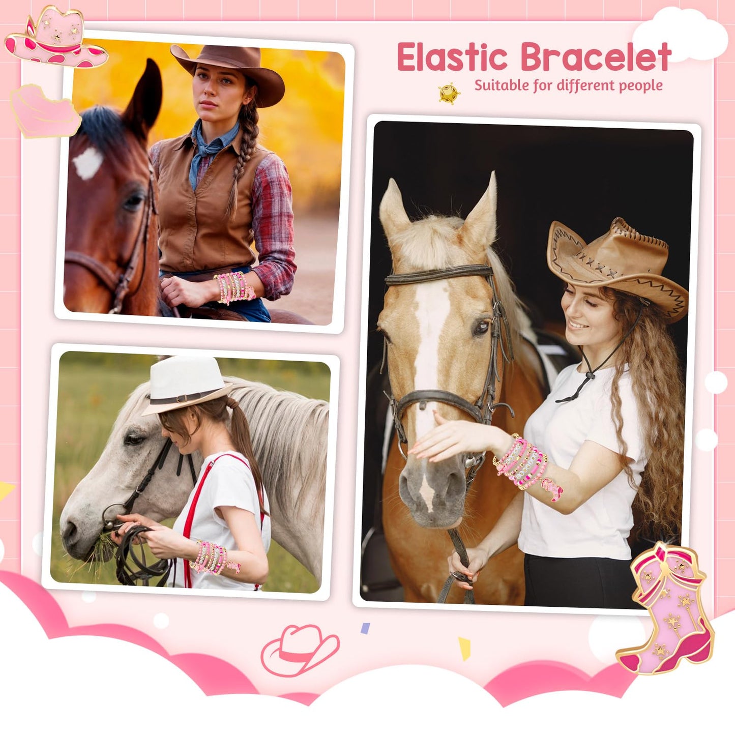 Artlunar Western Cowgirl Beaded Stretch Bracelets, Stackable cowgirl hat boot accessories, Bohemian Jewelry for Women Girls Teens Christmas Birthday Gift Pink