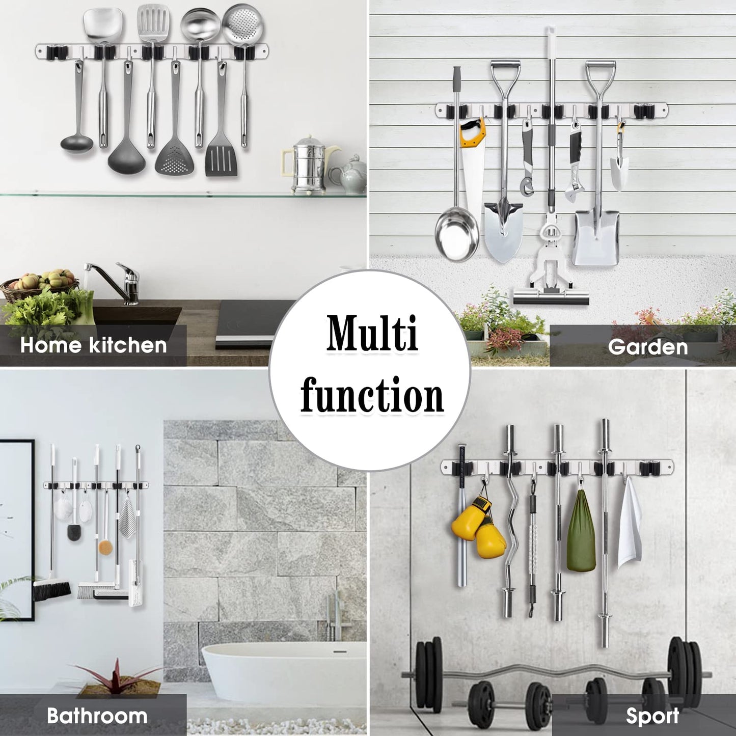 AceMining 5 Racks and 4 Hooks Mop and Broom Holder Wall Mount, Broom Organizer Storage Tool Racks Stainless Steel Heavy Duty Hooks Self Adhesive Solid Non-slip for Home Kitchen Garden Laundry Garage