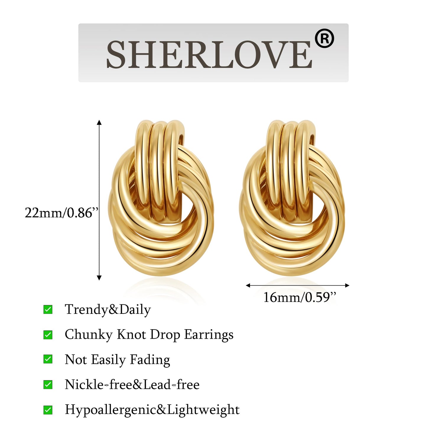 SHERLOVE Trendy Gold Plated Knot Earrings for Women Chunky Statement Drop Dangle Earrings Lightweight Hypoallergenic Fashion Accessories Gifts for Womens Gold Jewelry