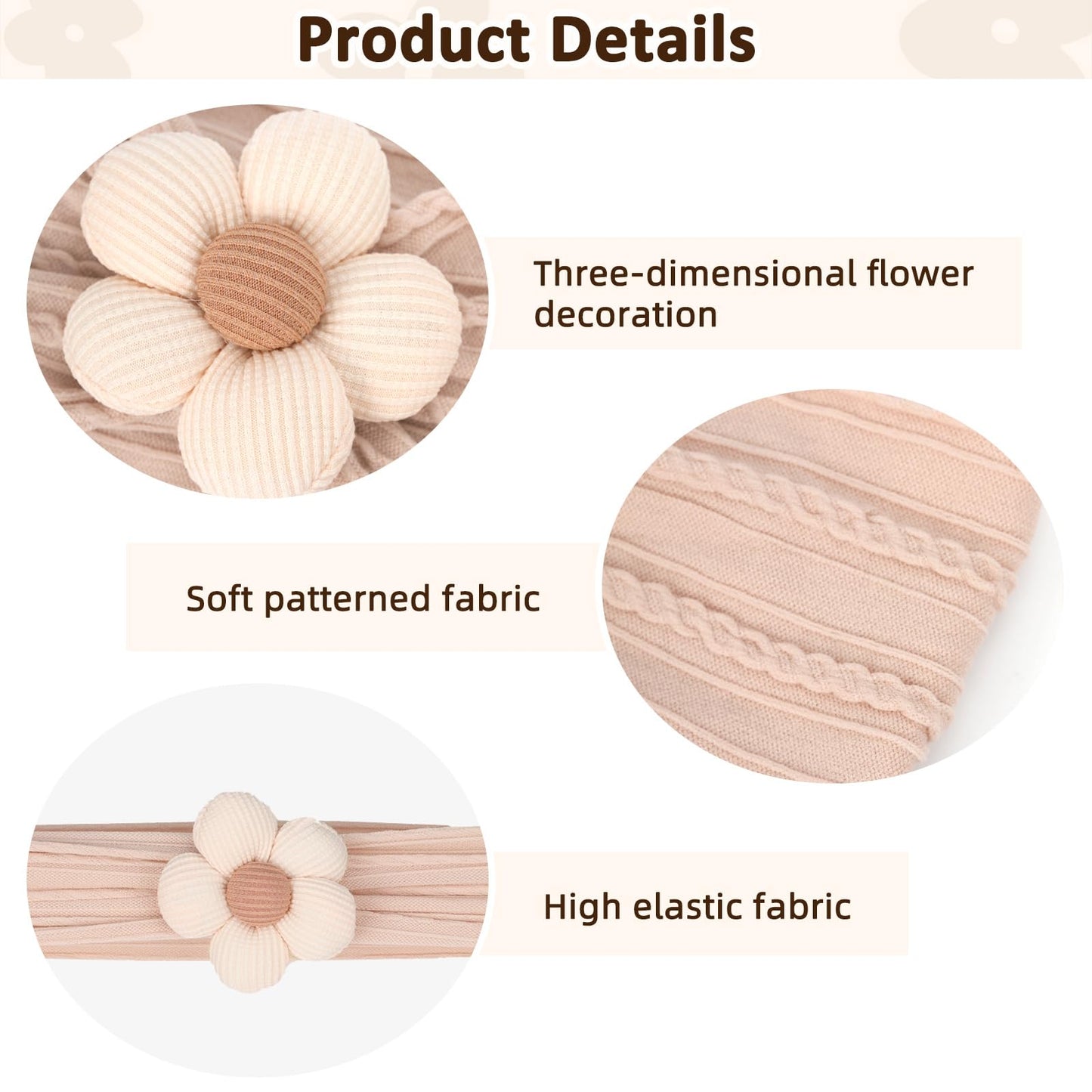 MIUXUESO 3 Pcs Baby Flower Headbands Baby Girls Nylon Headband Soft Hairbands Hair Accessories for Newborn Infant Toddler Kids (Beige Pink Khaki)