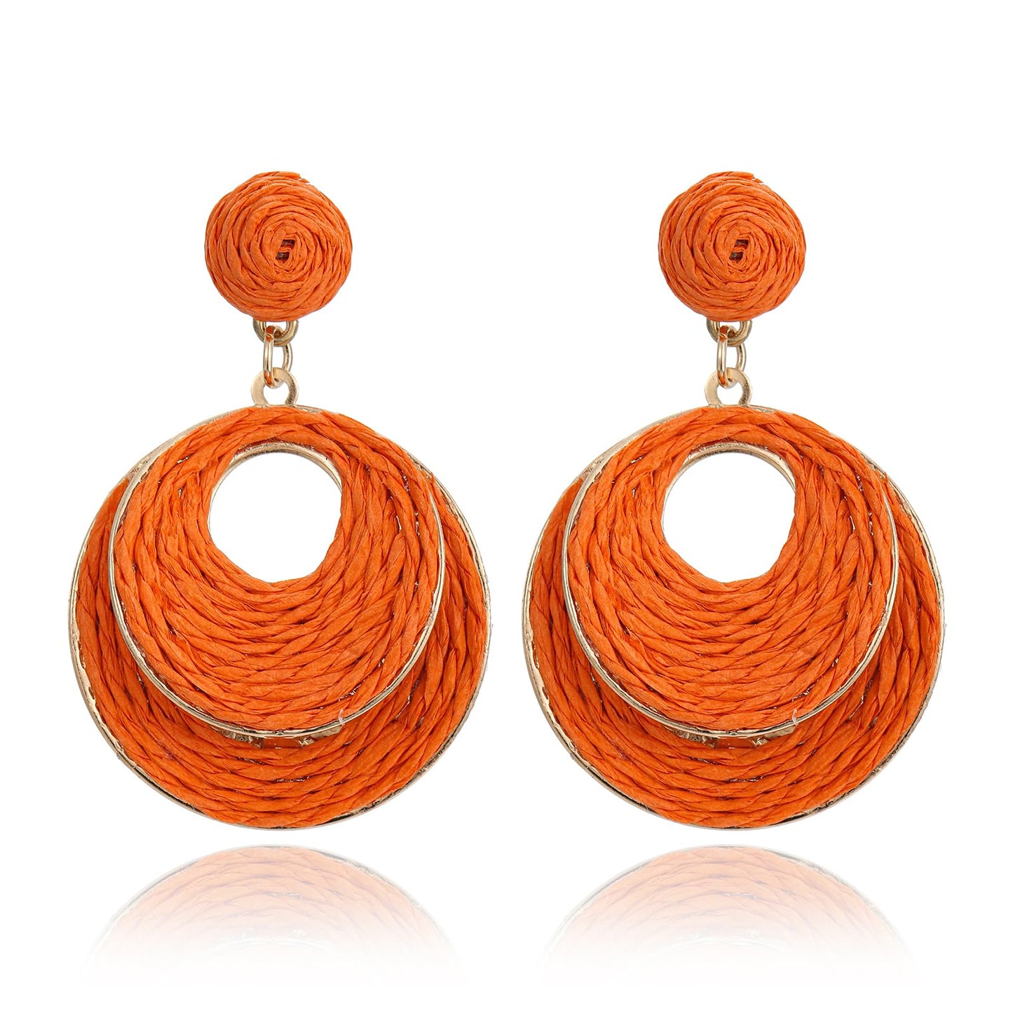 RUOFFETA Handmade Raffia Hoop Earrings for Women - Lightweight Boho Dangle Jewelry, Summer Beach Vacation Accessories, Round Oval Straw Wrap Design(Orange Round)