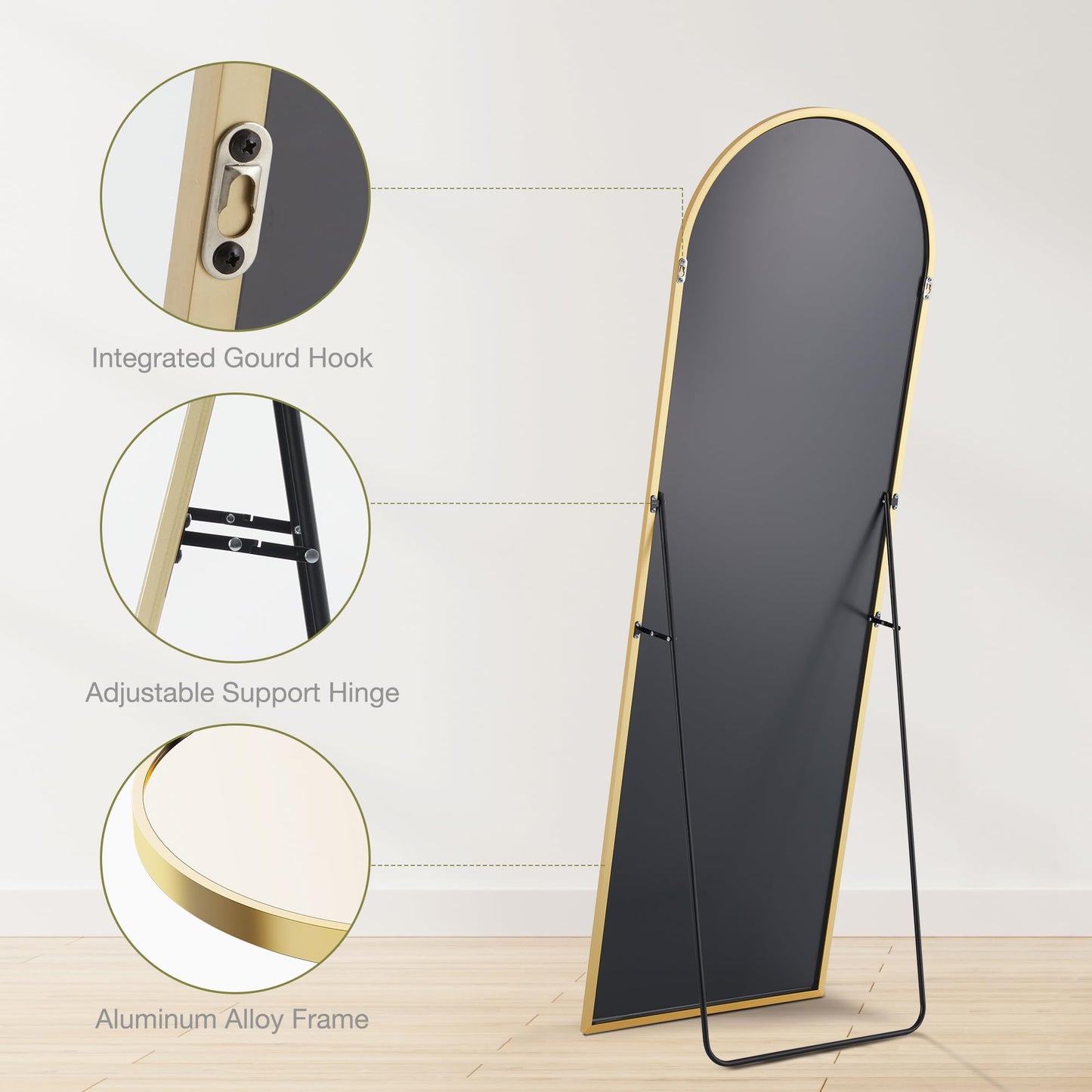 Sweetcrispy 64"x21" Arched Full Length Mirror, Standing or Leaning Full Body Mirror with Aluminum Alloy Thin Frame, Suitable for Bedroom or Cloakroom,Gold