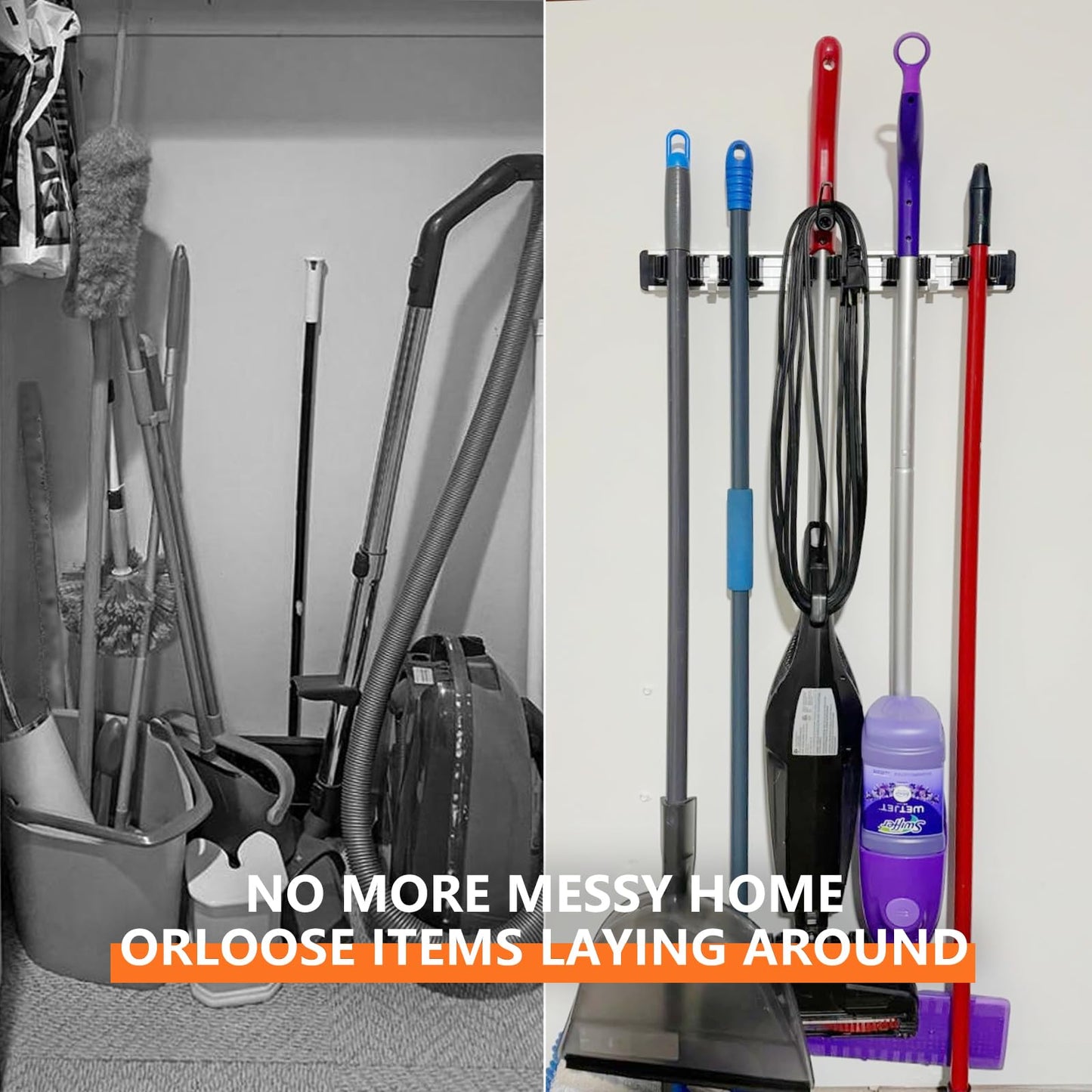 reliahom Broom Holder Wall Mount Mop and Broom Hanger Wall Mounted Garage Storage Rack Kitchen Garden Tool Organizer (4 Racks with 5 Hooks, Black)