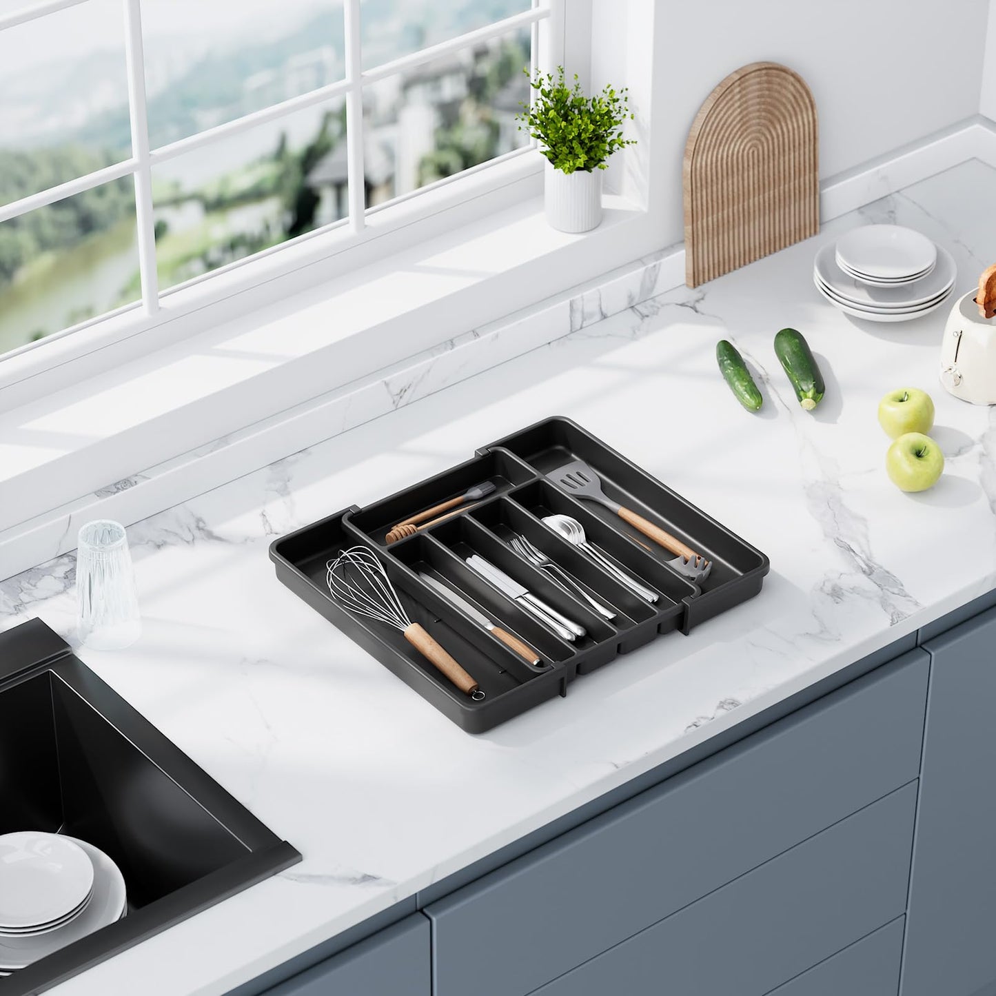 Aujen Silverware Organizer - Expandable Kitchen Drawer Organizer, Adjustable Utensil Organizer, Cutlery Tray for Forks, Knives, Multipurpose Kitchen Organizers and Storage Solution, Black, Medium
