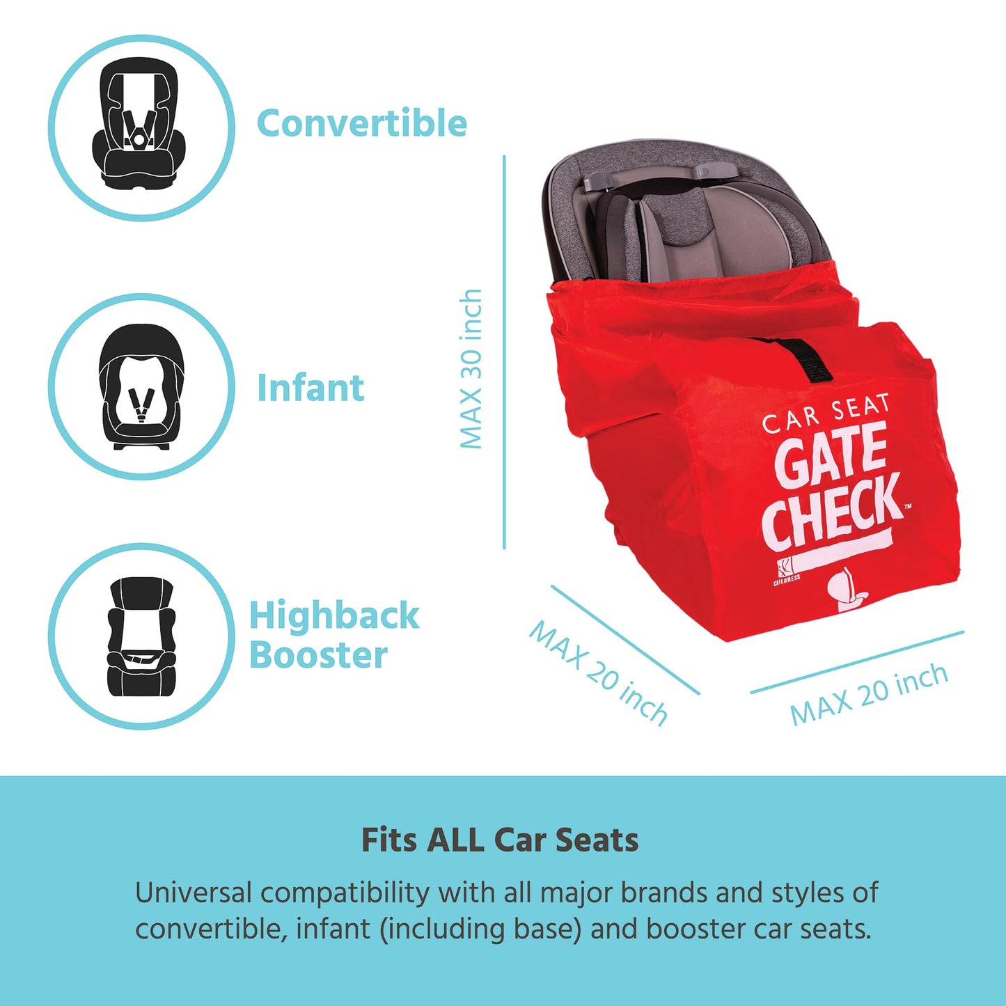 J.L. Childress Gate Check Bag for Car Seats - Travel Bag for Airplane - Includes AIRTAG Holder - Fits All Baby Car Seats, Infant Carriers & Child Booster Seats, Red