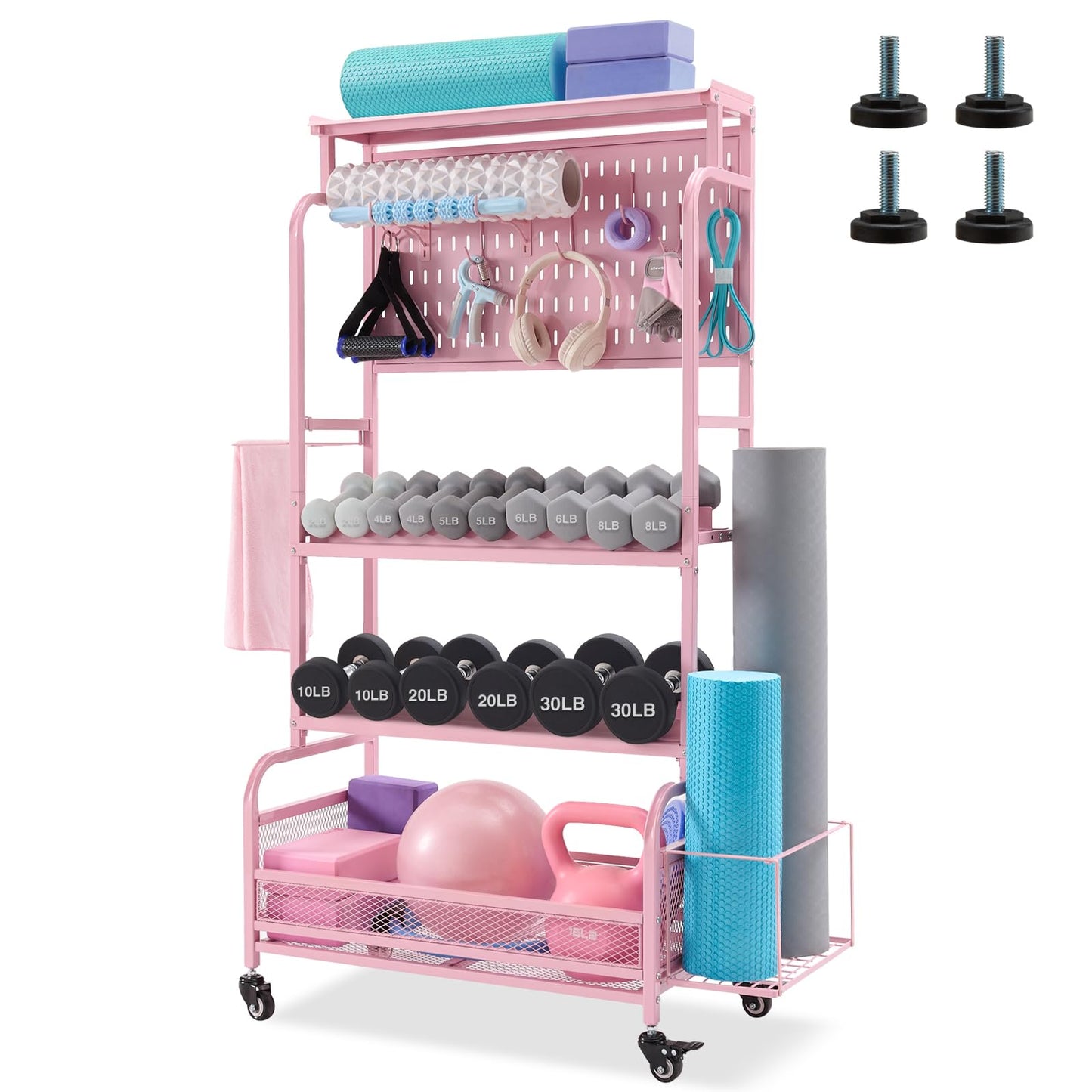 56'' Taller Home Gym Storage Organizer, Yoga Mat Storage Rack with Hanging Board, Exercise Workout Equipment Storage Stand for Home Gym, Dumbbell Holder Kettlebell Rack with Wheels and Hooks