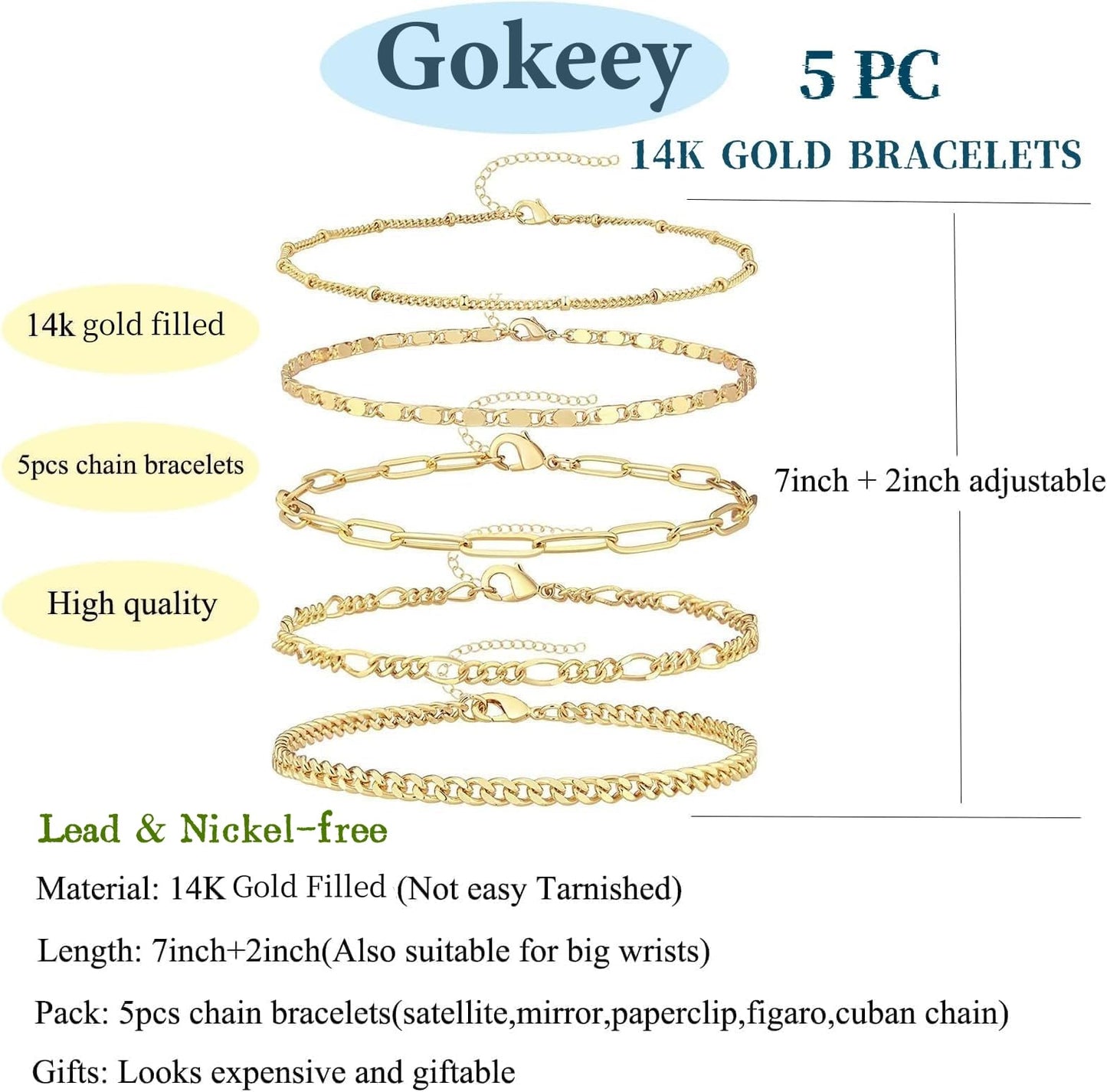 Gokeey Gold Bracelets for Women Trendy 14K Real Gold Jewelry Sets Stack Dainty Stackable Paperclip Cuban Figaro Chain Bracelets Pack Layered Link Chain Bracelet for Women Cute 5pcs Adjustable