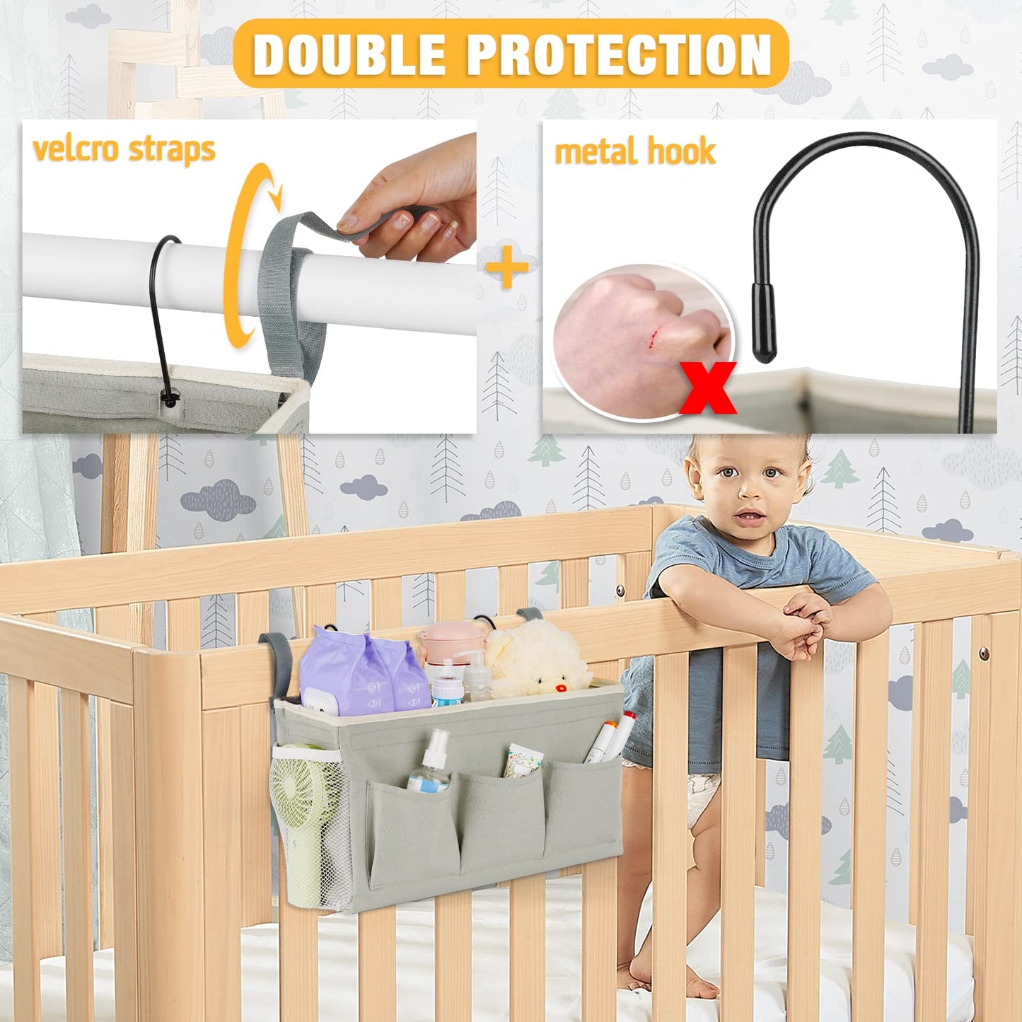 Lilithye Bedside Storage Organizer with Fixed Straps and Water Bottle Holder for Home, College, Dorm, Bunk / Hospital Bed, Crib Bed Rails (Grey)