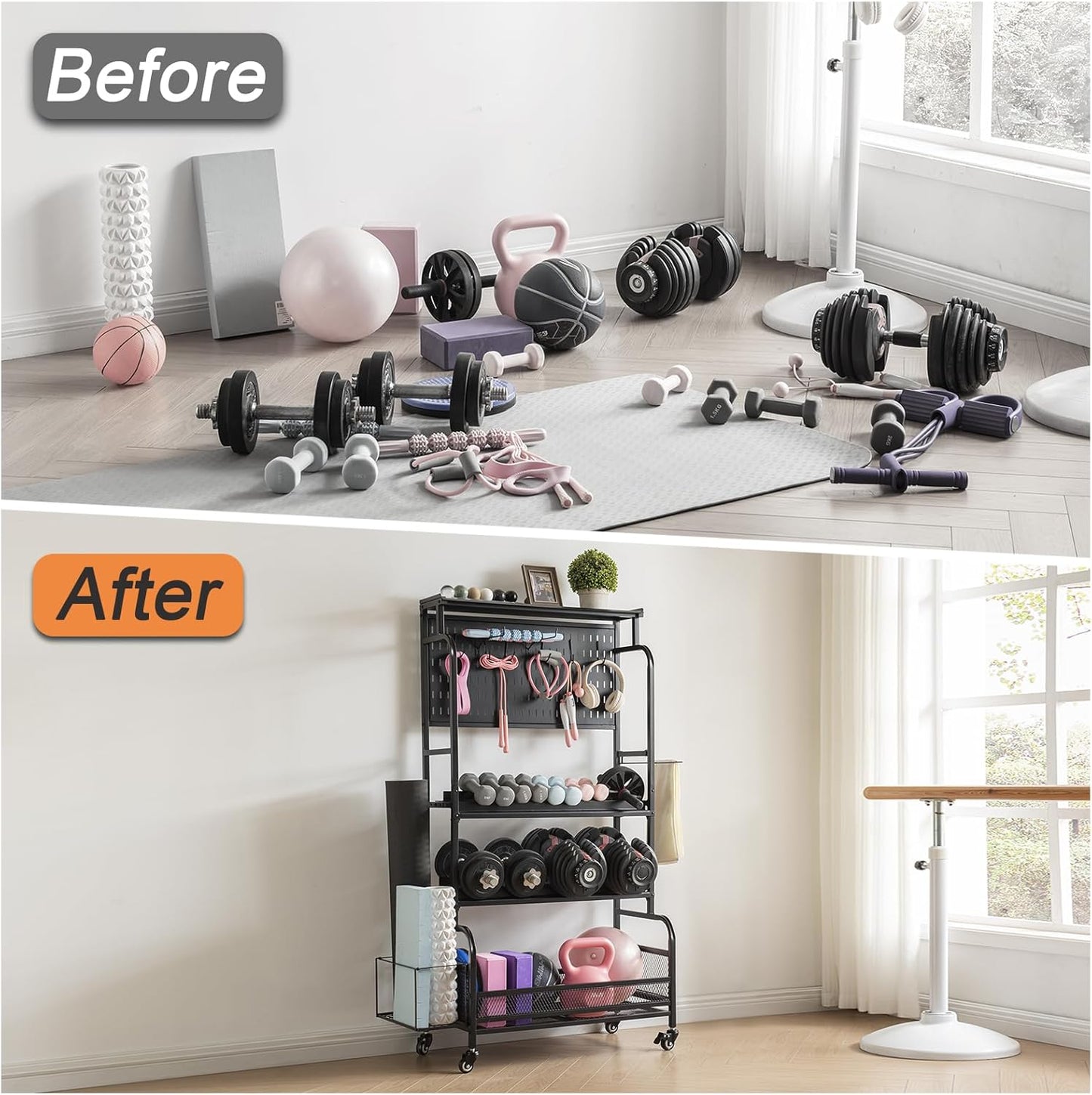 56'' Taller Home Gym Storage Organizer, Yoga Mat Storage Rack with Hanging Board, Exercise Workout Equipment Storage Stand for Home Gym, Dumbbell Holder Kettlebell Rack with Wheels and Hooks