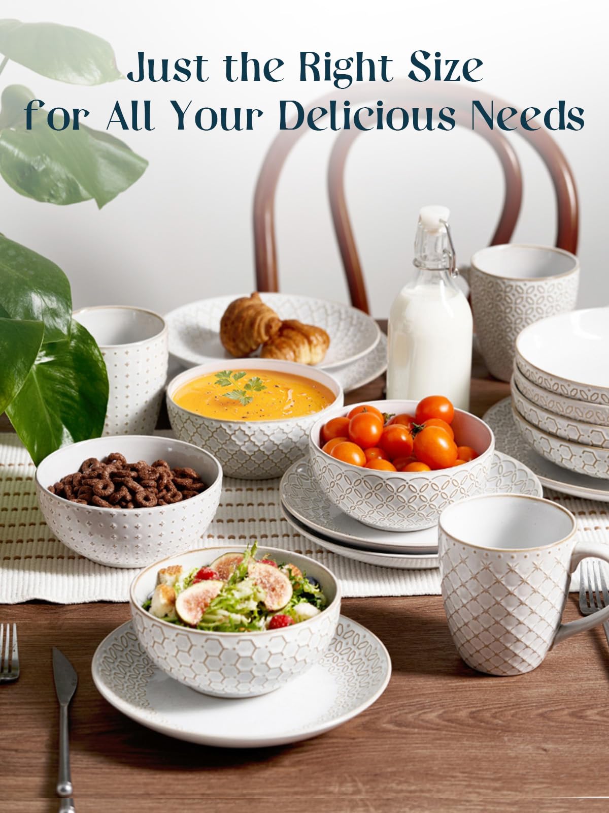 DOWAN Soup Bowls Set of 6, 22 OZ Cereal Bowls for Kitchen, 6" Ceramic Embossment Bowl for Salad, Pho, Fruits, Rice, Large Bowls Decor & Housewarming Gift, Dishwasher & Microwave Safe