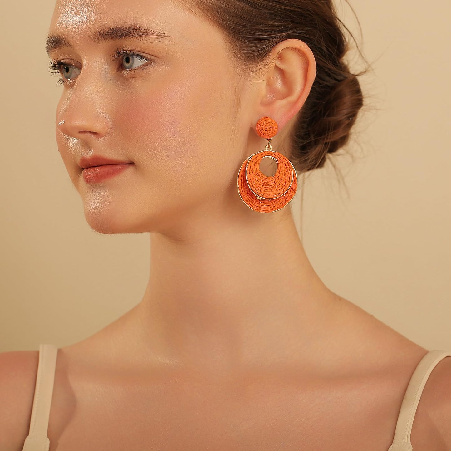 RUOFFETA Handmade Raffia Hoop Earrings for Women - Lightweight Boho Dangle Jewelry, Summer Beach Vacation Accessories, Round Oval Straw Wrap Design(Orange Round)