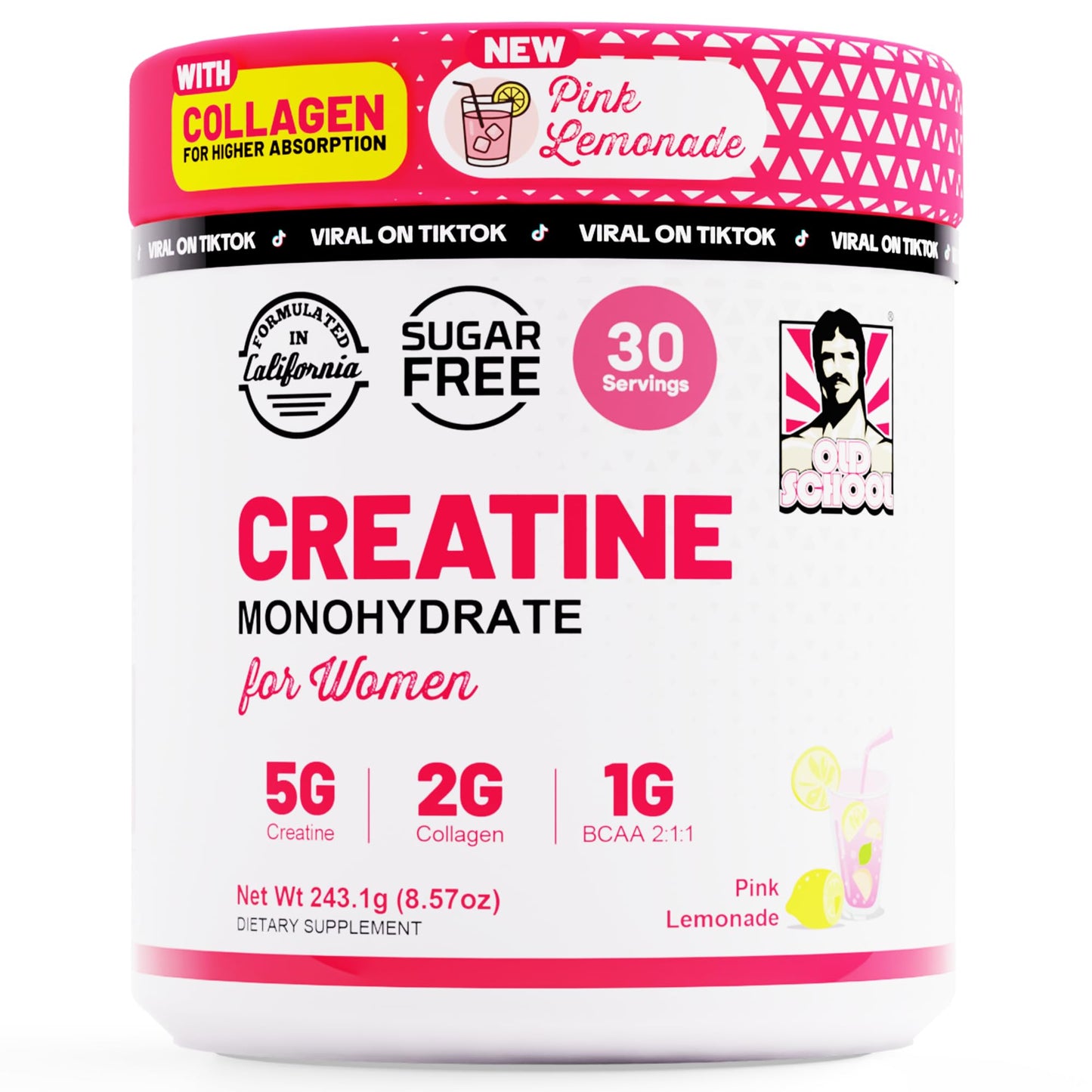 Old School Labs 5000mg Creatine Monohydrate Powder, Optimized Creatine for Women +2000mg Collagen +1g BCAA 2:1:1 Supports Lean Muscles & Recovery, Energy & Stamina - Made in USA, 30 Servings