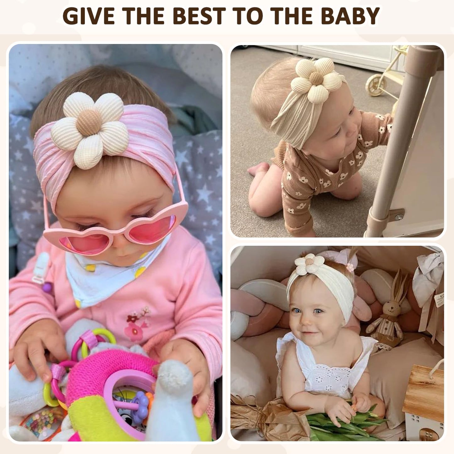 MIUXUESO 3 Pcs Baby Flower Headbands Baby Girls Nylon Headband Soft Hairbands Hair Accessories for Newborn Infant Toddler Kids (Beige Pink Khaki)