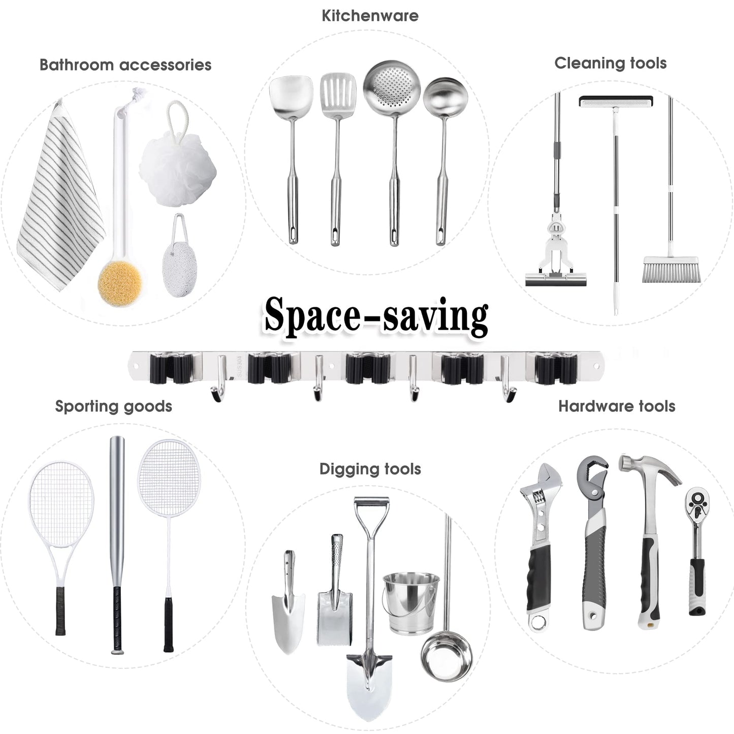AceMining 5 Racks and 4 Hooks Mop and Broom Holder Wall Mount, Broom Organizer Storage Tool Racks Stainless Steel Heavy Duty Hooks Self Adhesive Solid Non-slip for Home Kitchen Garden Laundry Garage