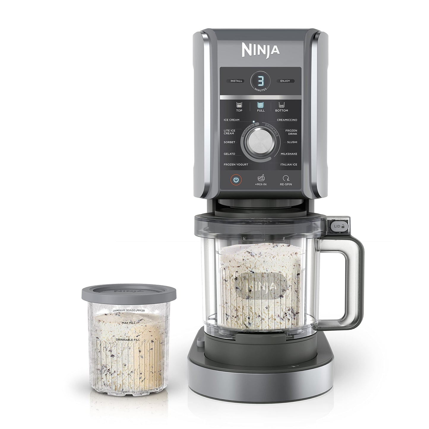 Ninja NC301 CREAMi Ice Cream Maker, for Gelato, Mix-ins, Milkshakes, Sorbet, Smoothie Bowls & More, 7 One-Touch Programs, with (2) Pint Containers & Lids, Compact Size, Perfect for Kids, Silver