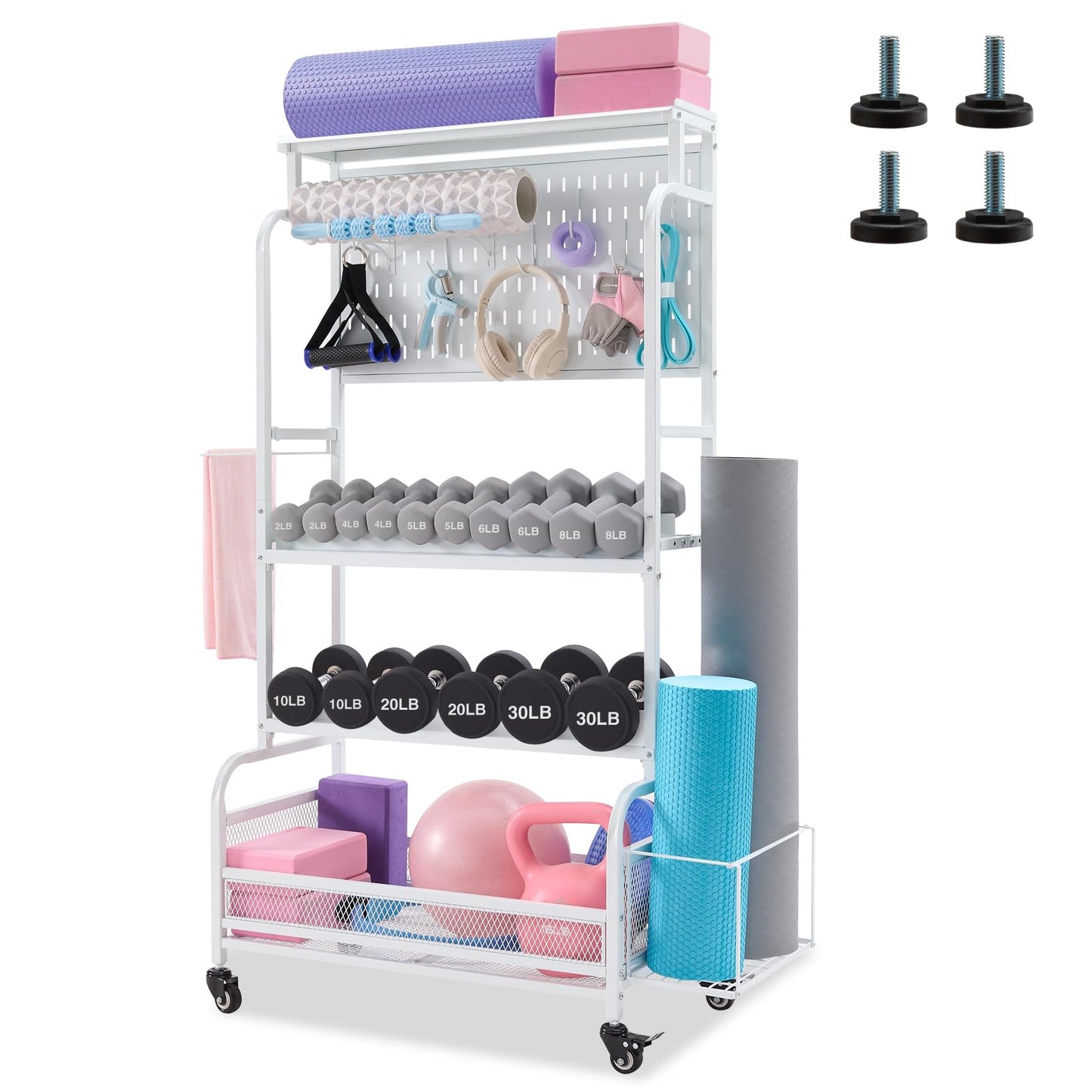 56'' Taller Home Gym Storage Organizer, Yoga Mat Storage Rack with Hanging Board, Exercise Workout Equipment Storage Stand for Home Gym, Dumbbell Holder Kettlebell Rack with Wheels and Hooks