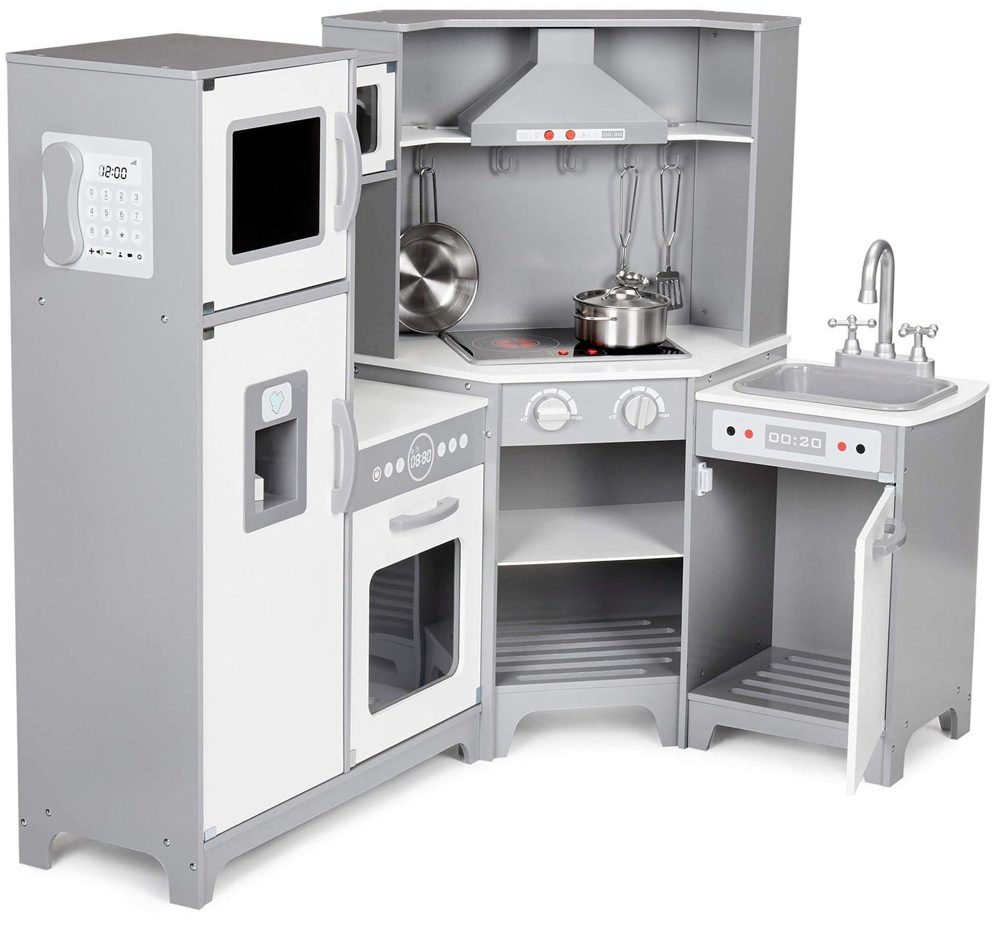 Amazon Basics Kids Kitchen Set, Play Kitchen Toy Playset for Toddlers, Preschoolers, 39"L x 11.8"W x 39"H, White & Gray