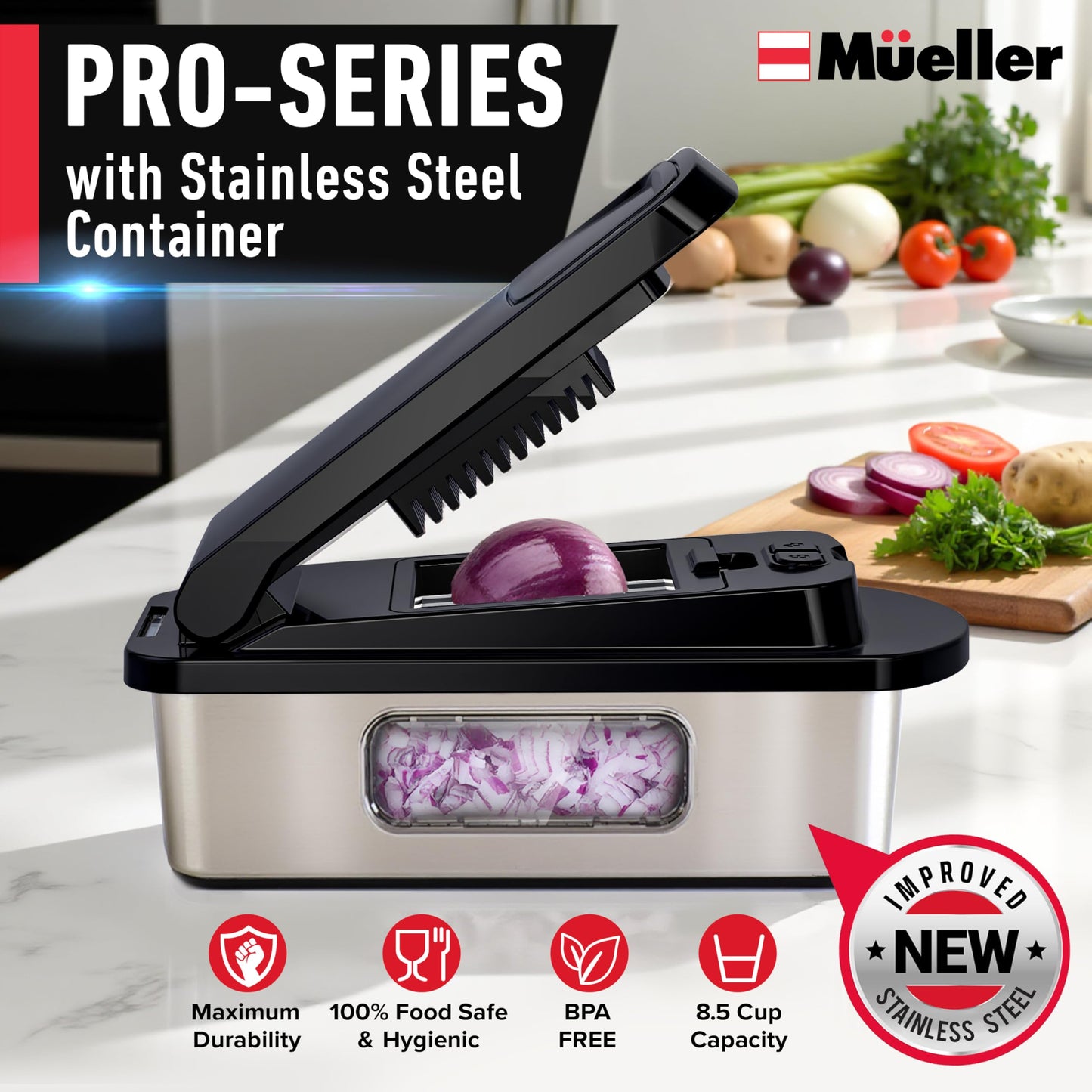 Mueller Pro-Series All-in-One, 12 Blade Mandoline Slicer for Kitchen, Food Chopper, Vegetable Slicer and Spiralizer, Cutter, Dicer, Grater, Kitchen Gadgets Sets with Container, White Sand/Gray