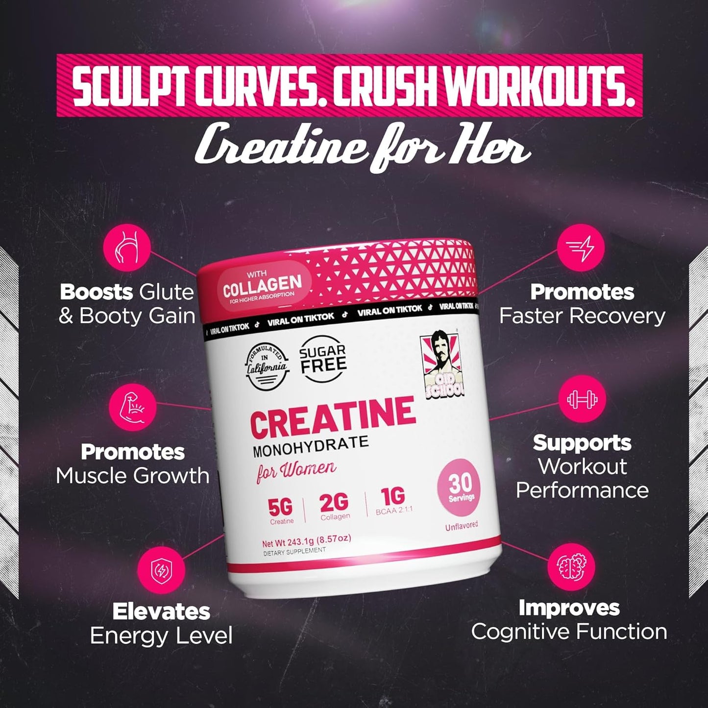 Old School Labs 5000mg Creatine Monohydrate Powder, Optimized Creatine for Women +2000mg Collagen +1g BCAA 2:1:1 Supports Lean Muscles & Recovery, Energy & Stamina - Made in USA, 30 Servings
