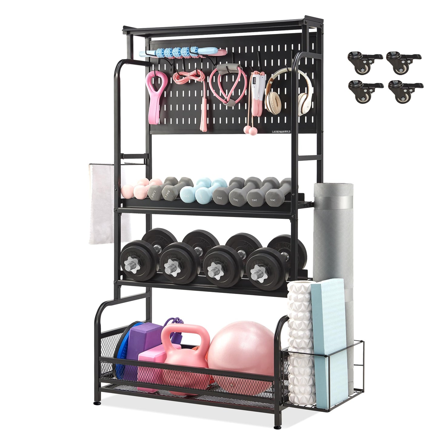 56'' Taller Home Gym Storage Organizer, Yoga Mat Storage Rack with Hanging Board, Exercise Workout Equipment Storage Stand for Home Gym, Dumbbell Holder Kettlebell Rack with Wheels and Hooks