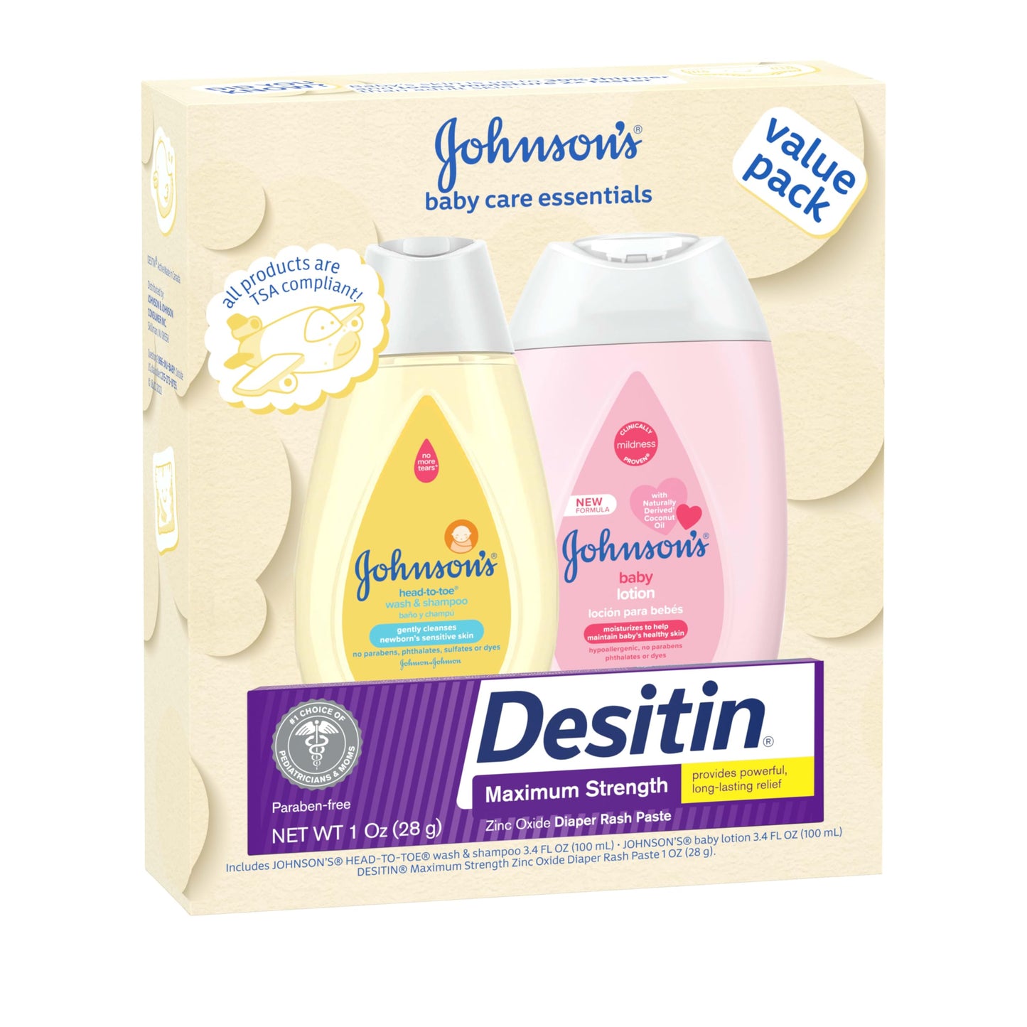 Johnson's Baby Care Essentials Gift Set, Body Lotion, & Zinc Oxide Diaper Rash Paste for Baby's Delicate Skin, Value Pack, Travel-Size, Bath Essentials Must Haves, Baby Gifts, 3 Items