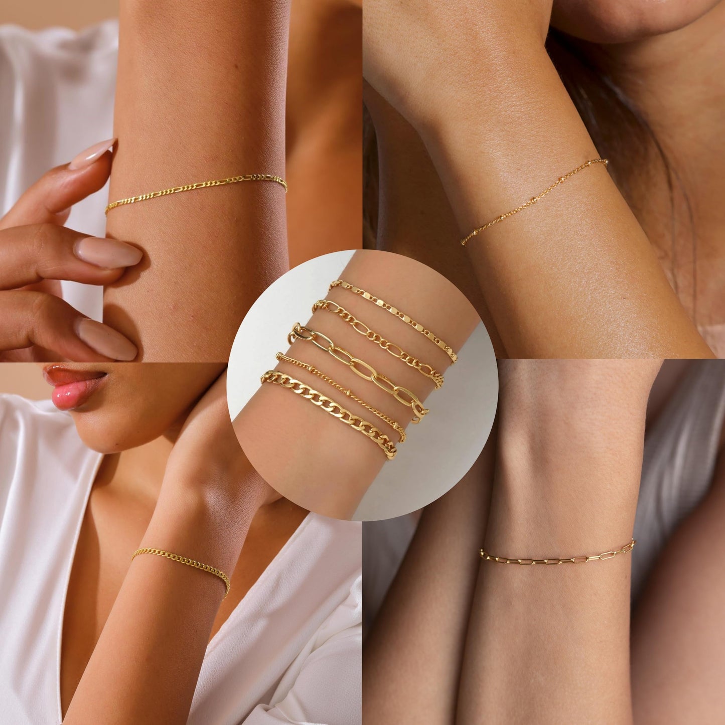 Gokeey Gold Bracelets for Women Trendy 14K Real Gold Jewelry Sets Stack Dainty Stackable Paperclip Cuban Figaro Chain Bracelets Pack Layered Link Chain Bracelet for Women Cute 5pcs Adjustable